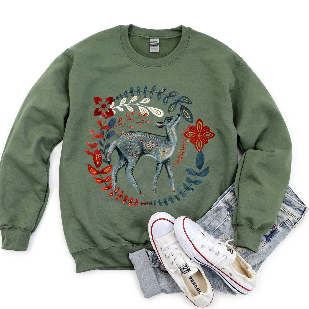 Deer Folk Art Scandinavian Christmas Scene With Nordic Winter Motifs And Rustic Charm Sweatshirt