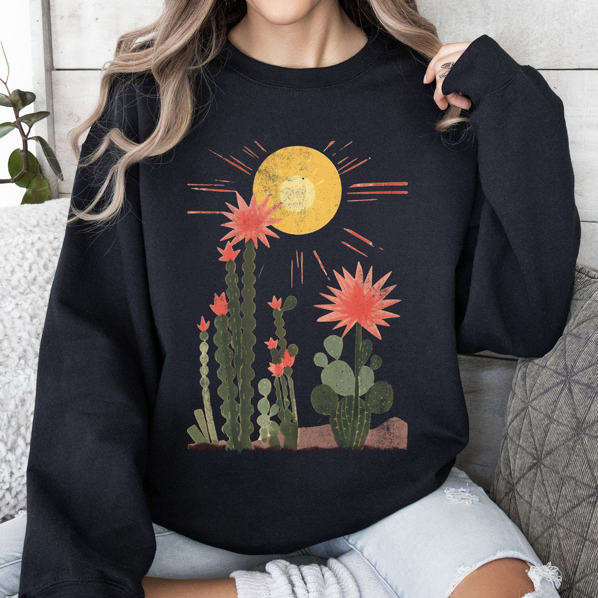 Desert Cactus Sun Succulent Western Plants Southwest Themed Outdoor Adventure Print Sweatshirt