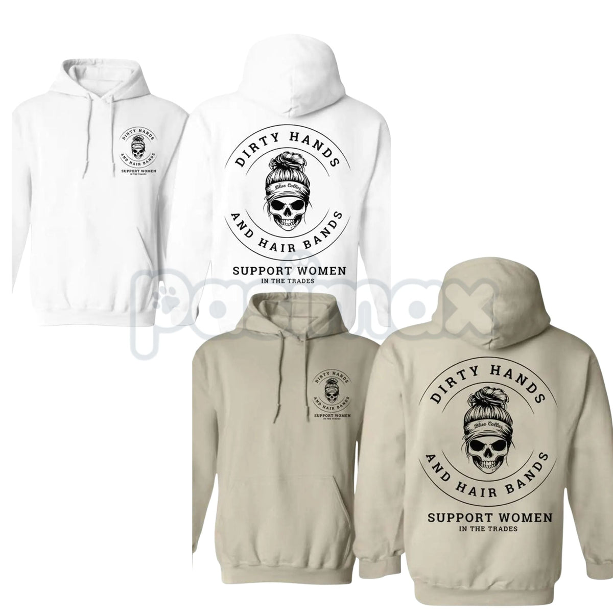 Dirty Hands and Hair Bands Skull Hoodie – Blue Collar Tradeswoman Apparel, Hard Working Women's Pullover, Unisex