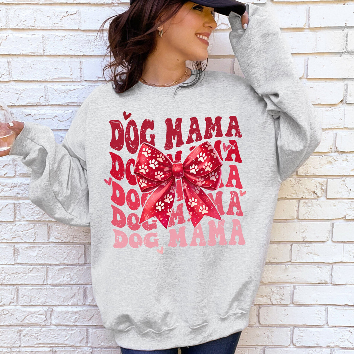 Dog Mama Ribbon Valentines Day Love Hearts Cozy Fleece Knit Warm Casual Everyday Wear Sweatshirt