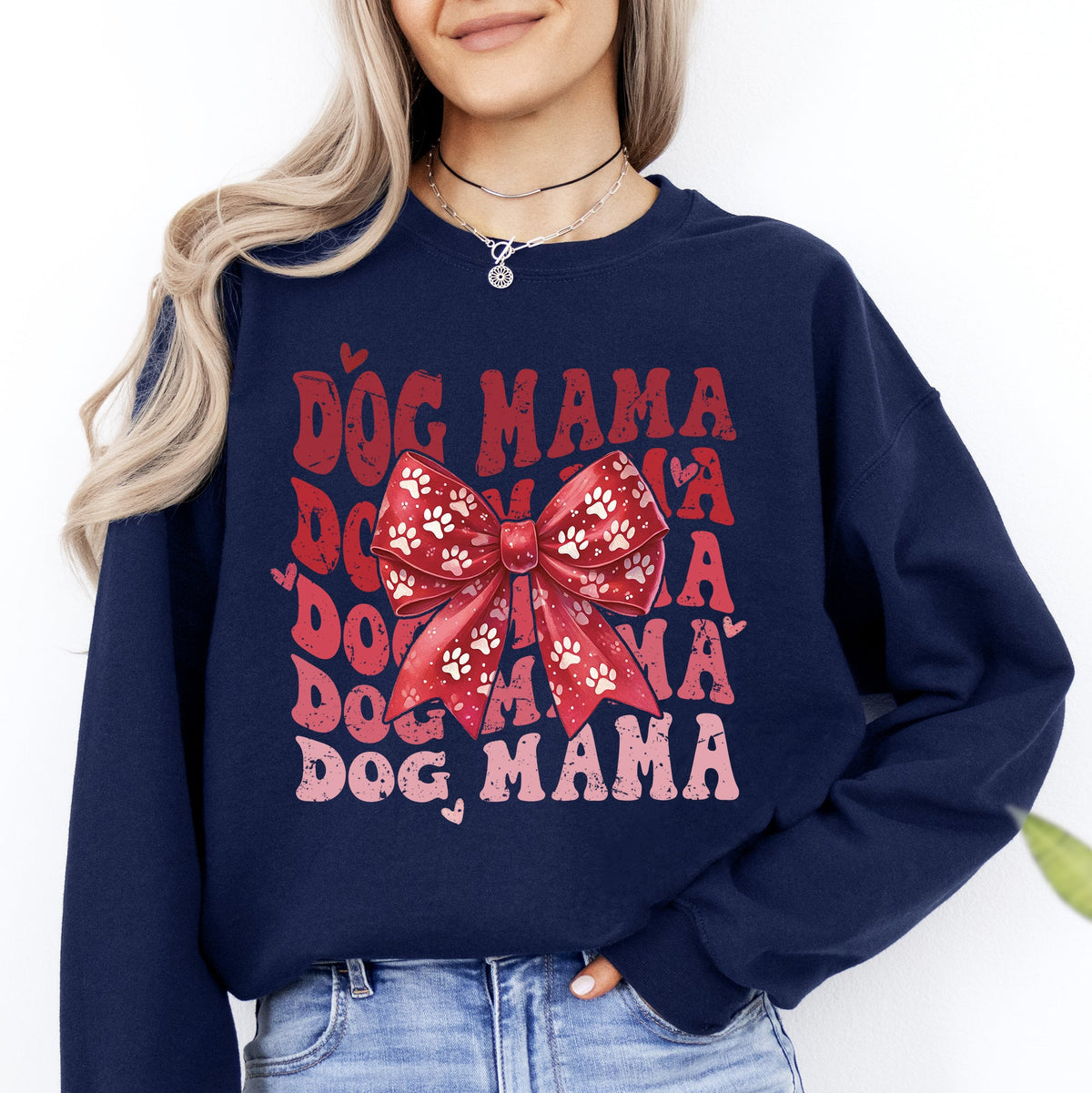 Dog Mama Ribbon Valentines Day Love Hearts Cozy Fleece Knit Warm Casual Everyday Wear Sweatshirt