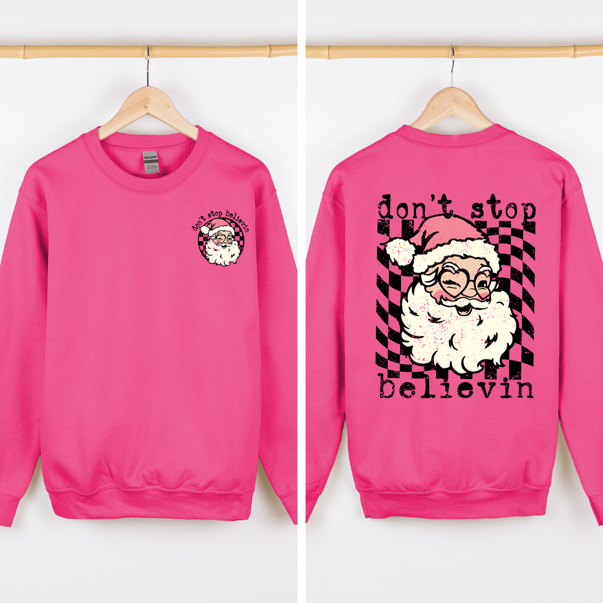 Don't Stop Believin Santa Christmas Checkered Vintage Front And Back Print Sweatshirt