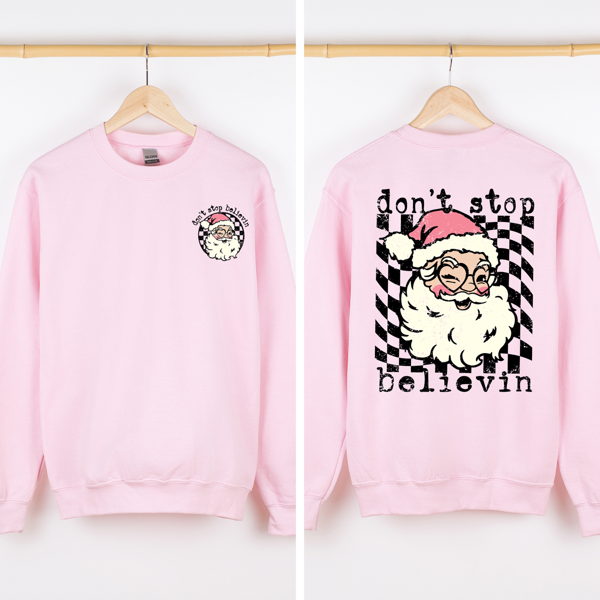 Don't Stop Believin Santa Christmas Checkered Vintage Front And Back Print Sweatshirt