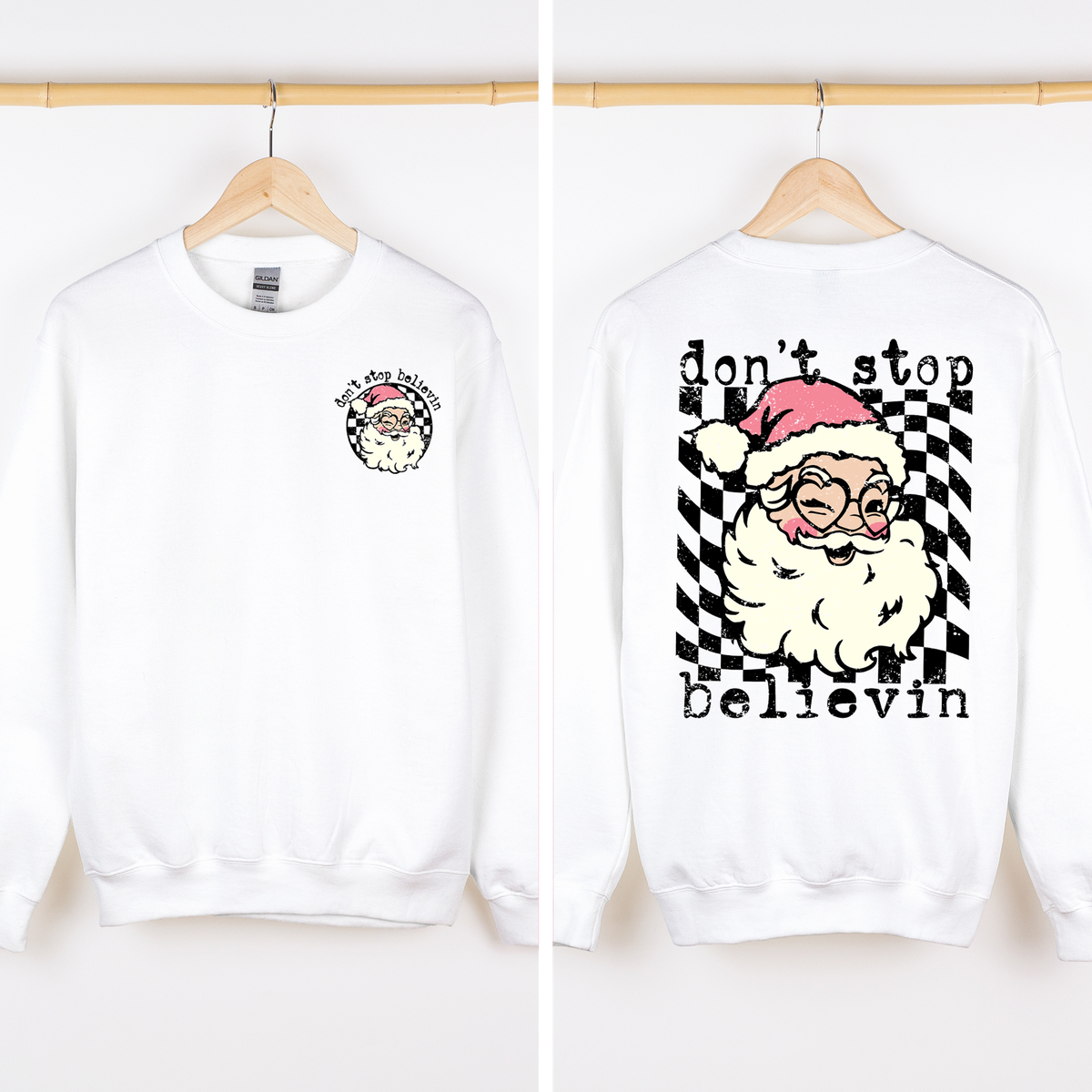 Don't Stop Believin Santa Christmas Checkered Vintage Front And Back Print Sweatshirt