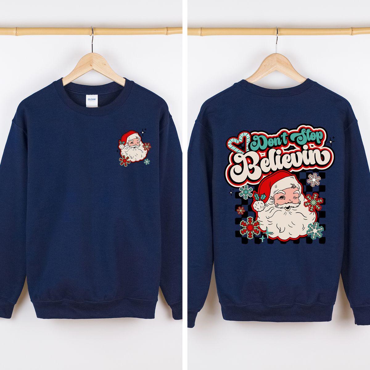 Don't Stop Believin' Santa Christmas Checkered Vintage Inspired Retro Sweatshirt