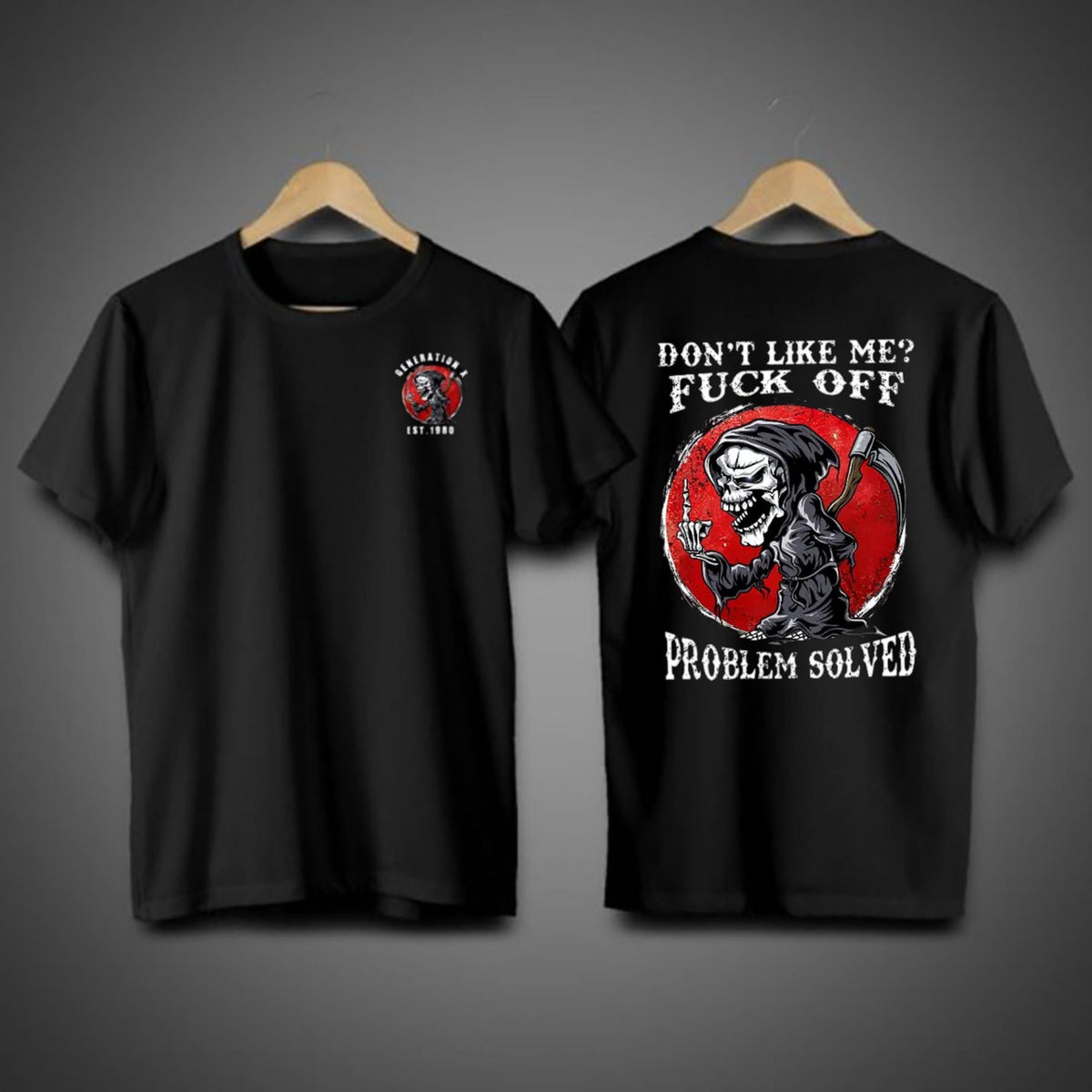 Don’t Like Me F*ck Off Problem Solved T-Shirt – Funny Halloween Graphic Tee, Unisex Casual Cotton Shirt
