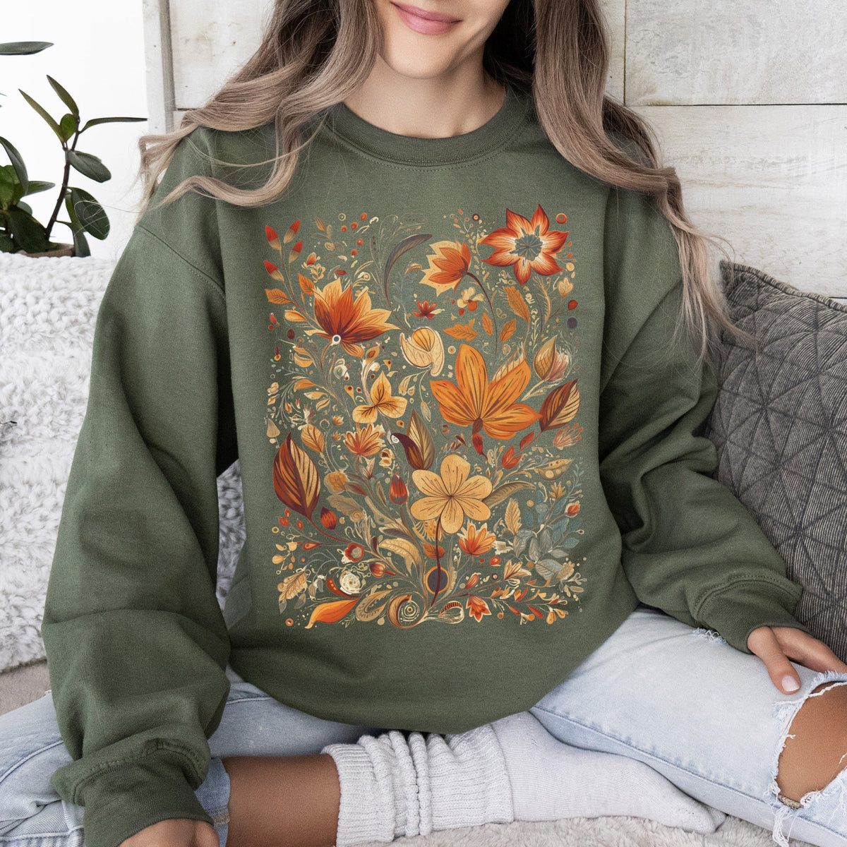 Dried Pressed Leaves And Floral Design With Nature Themed Botanical Motifs For Outdoors Lovers Sweatshirt