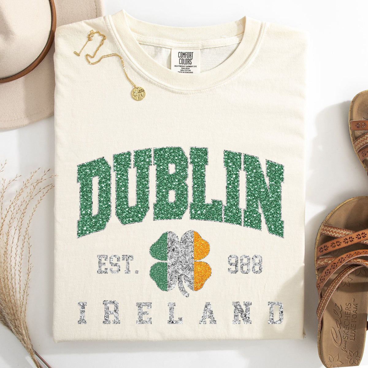 Dublin Faux Glitter St Patrick's Day Shamrock Clover Leprechaun Comfort Colors Tee