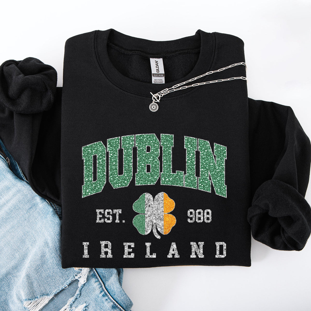 Dublin Leprechaun Faux Glitter St Patrick's Day Shamrock Clover Graphic Sweatshirt