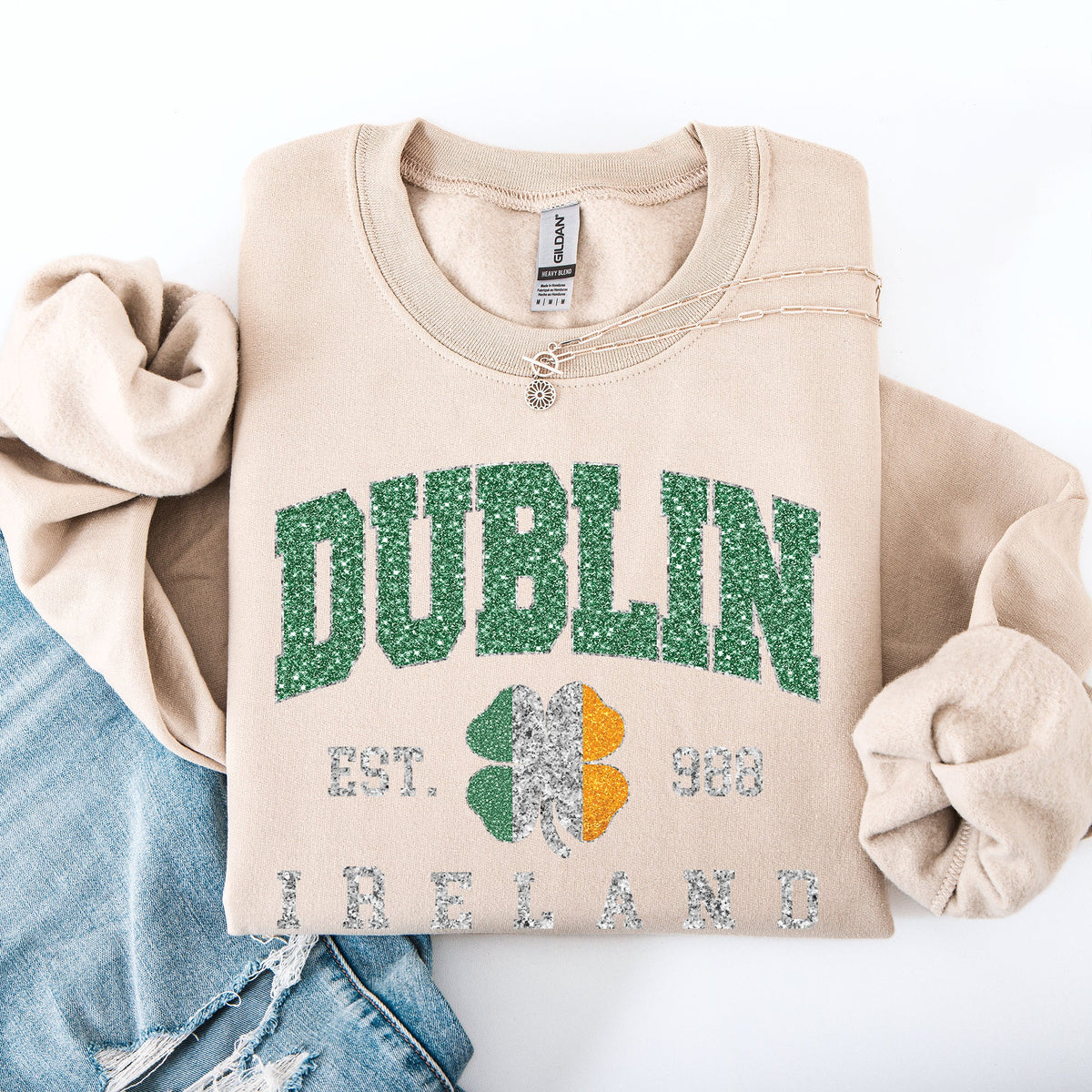 Dublin Leprechaun Faux Glitter St Patrick's Day Shamrock Clover Graphic Sweatshirt
