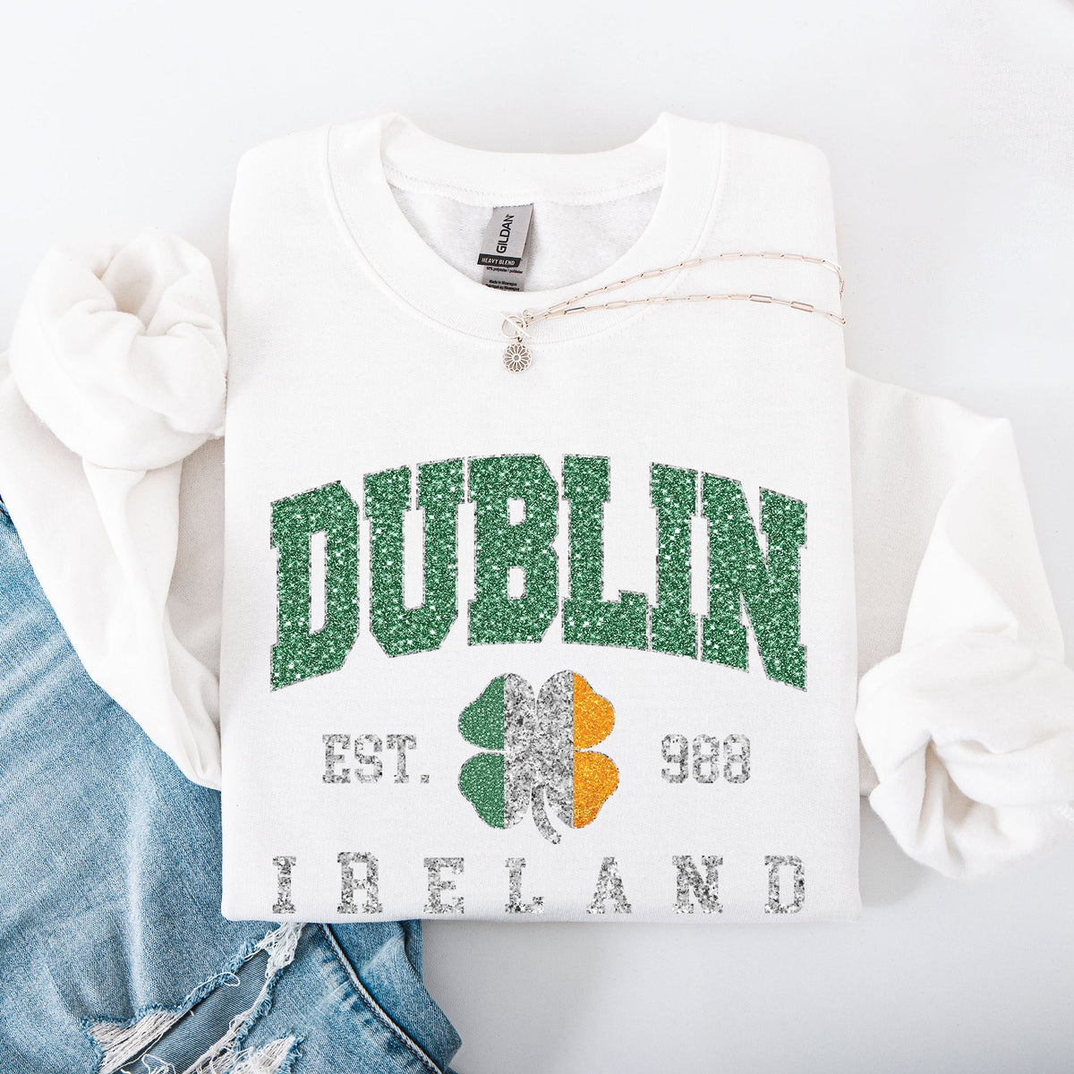 Dublin Leprechaun Faux Glitter St Patrick's Day Shamrock Clover Graphic Sweatshirt