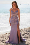 Nox Anabel E1527 Satin Sheer Boned Applique with High Slit Dress