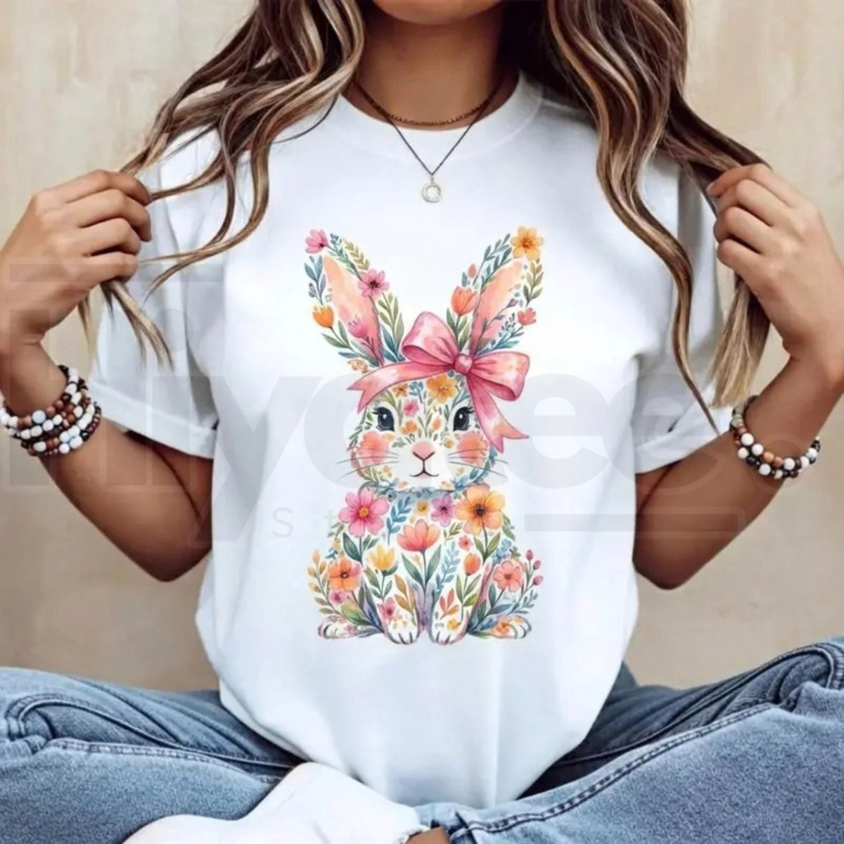 Easter Bunny Pink Bow T-Shirt – Casual Colorful Swirls Spring Festival Tee