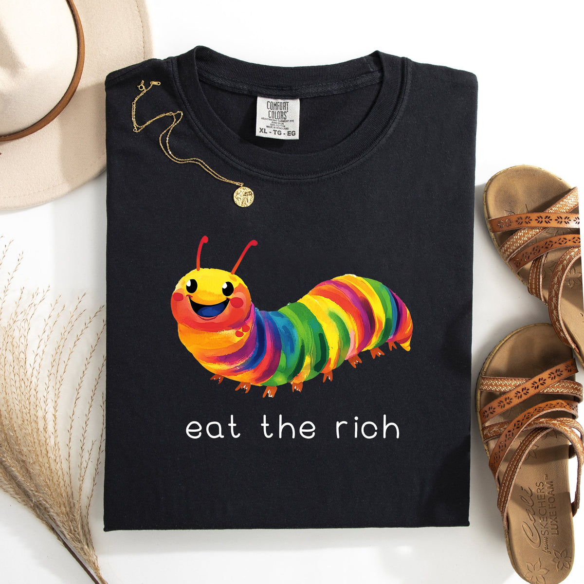Eat The Rich Hungry Caterpillar Colorful Bold Satire Graphic Style Print Modern Streetwear Statement Comfort Colors Tee