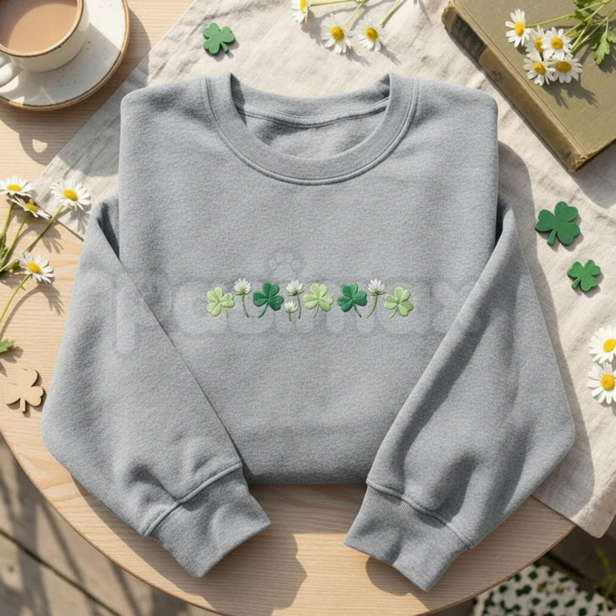 Embroidered Shamrock Meadow Crewneck – St. Patrick’s Day Lucky Four-Leaf Flower Sweatshirt