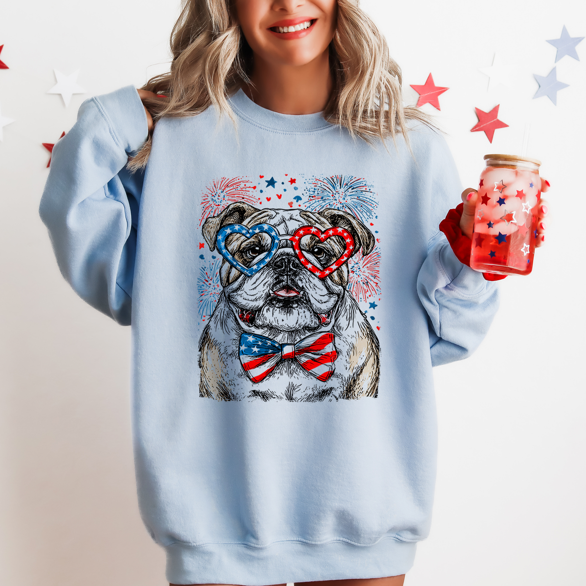 English Bulldog Patriotic USA America Pet Lover 4th of July American Flag Emblem Sweatshirt