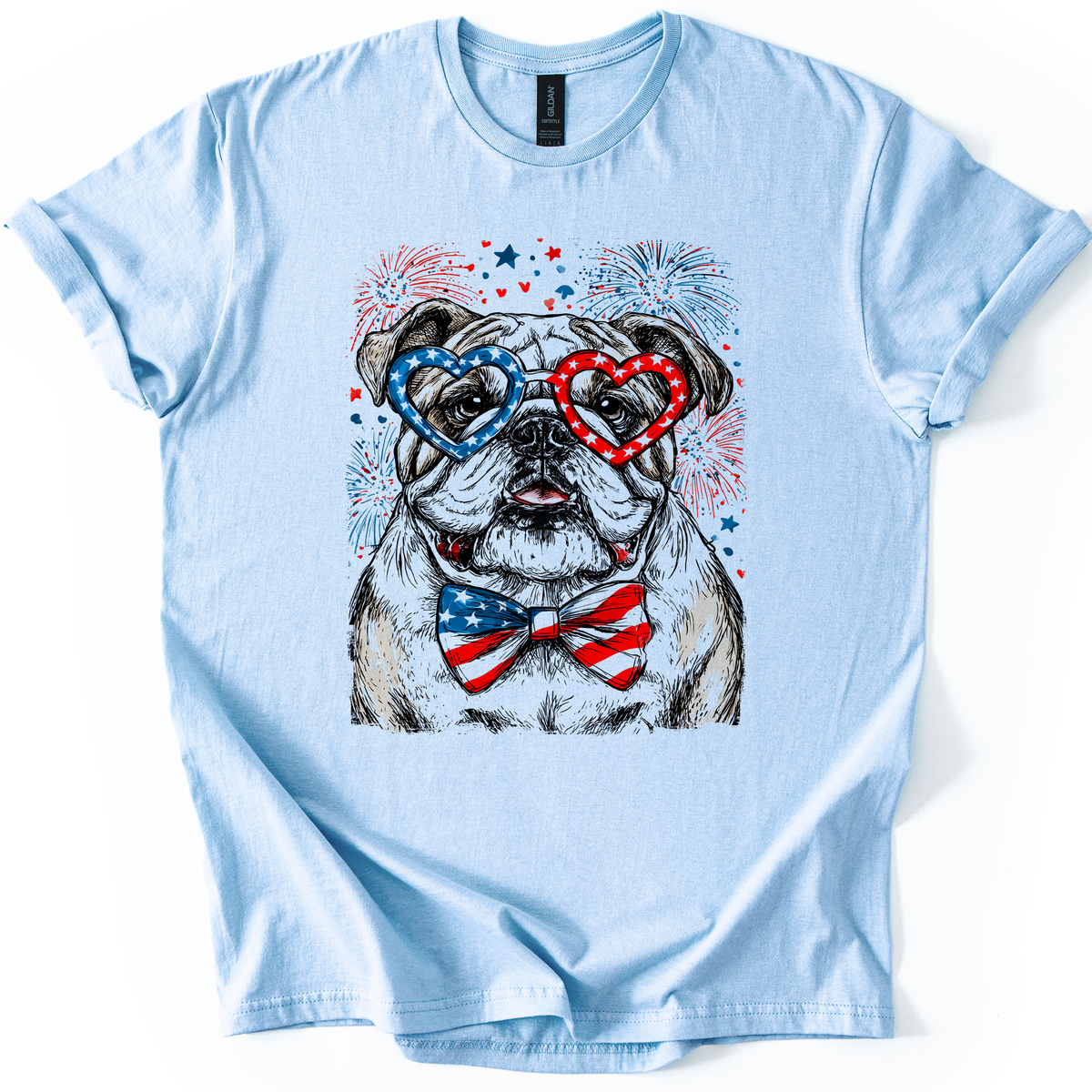 English Bulldog Patriotic Dog With American Flag Emblems For Fourth Of July Celebration Graphic Tee