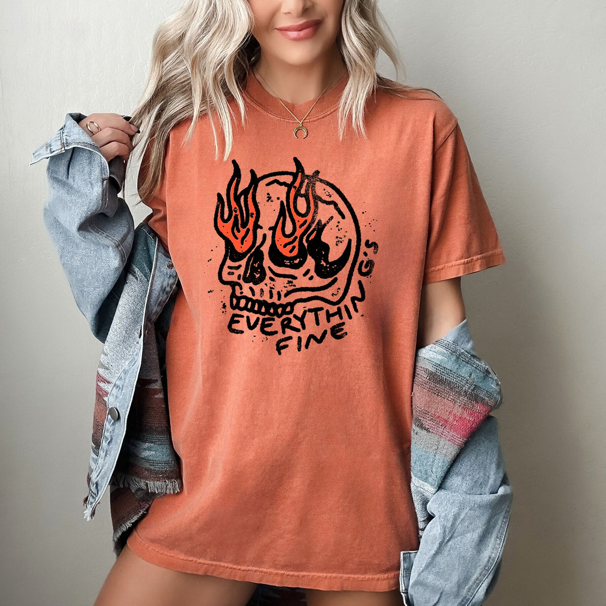 Everything's Fine Skeleton Fire Halloween Meme Graphic Illustration Edition Comfort Colors Tee