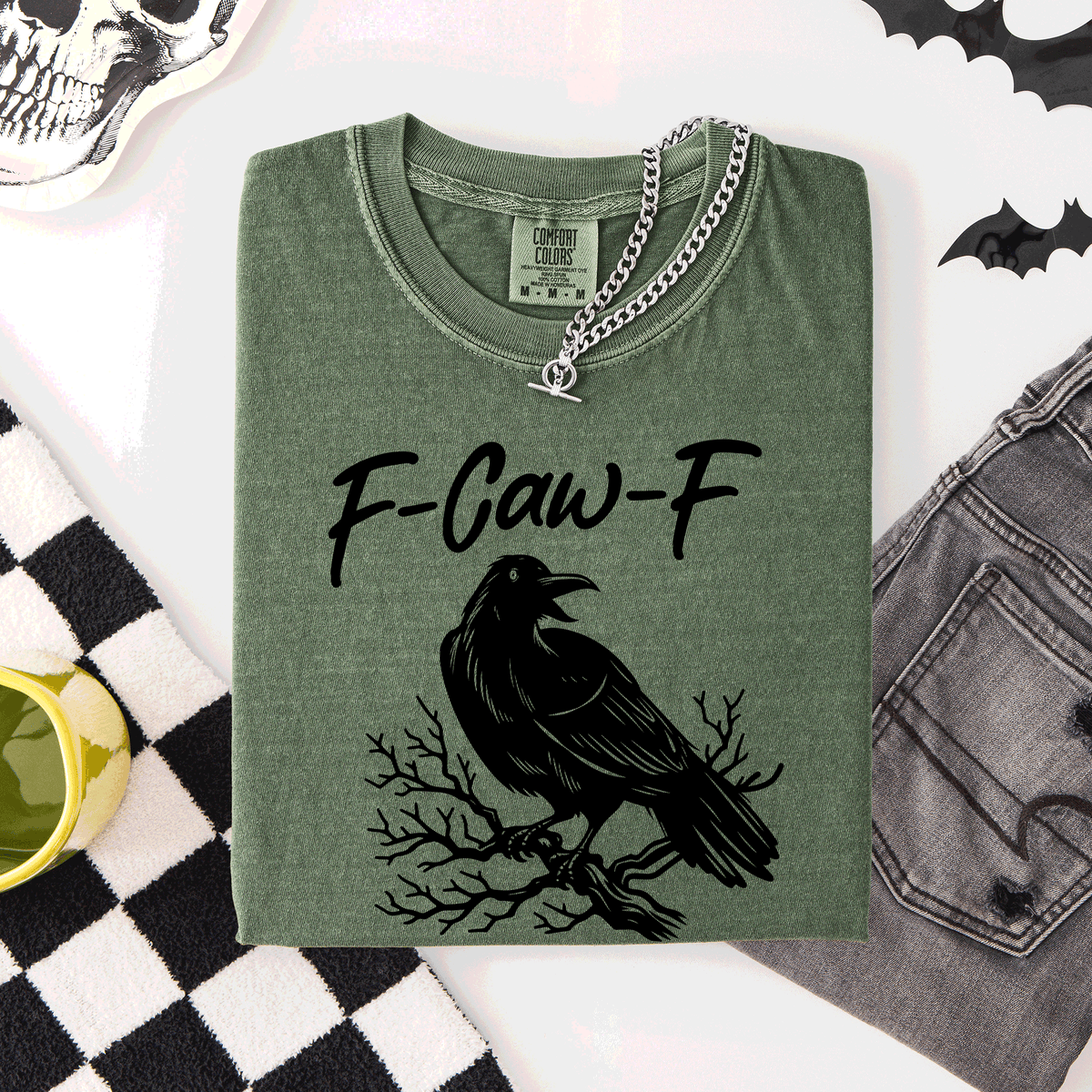 F Caw F Raven Crow Halloween Gothic Witch Spooky Nightfall Velvet Shadows Comfort Colors Tee