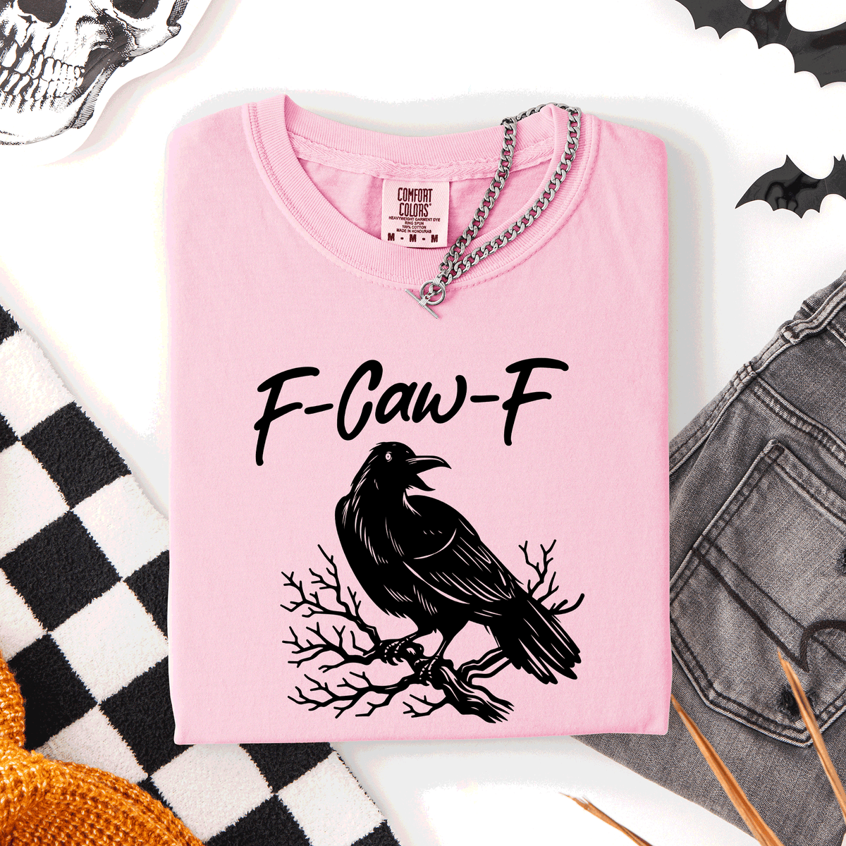 F Caw F Raven Crow Halloween Gothic Witch Spooky Nightfall Velvet Shadows Comfort Colors Tee