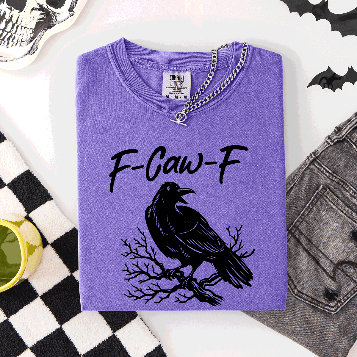 F Caw F Raven Crow Halloween Gothic Witch Spooky Nightfall Velvet Shadows Comfort Colors Tee