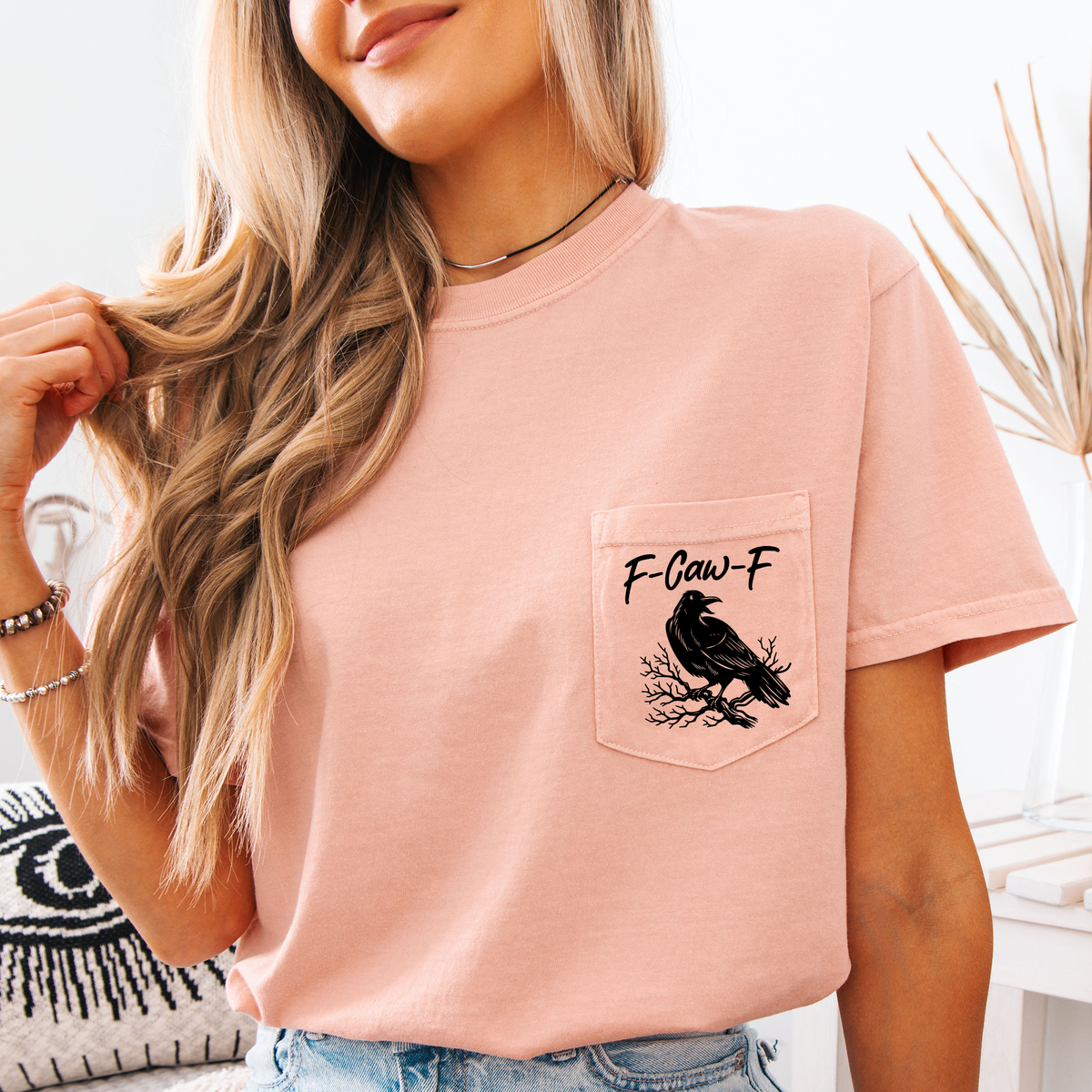 F Caw F Raven Crow Gothic Halloween Witch Spooky Dark Humor Crude Crass Laughs Pocket Vibe Comfort Colors Tee