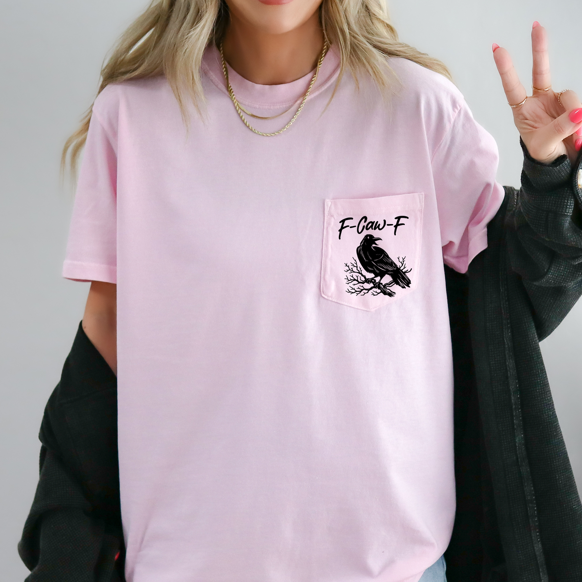 F Caw F Raven Crow Gothic Halloween Witch Spooky Dark Humor Crude Crass Laughs Pocket Vibe Comfort Colors Tee