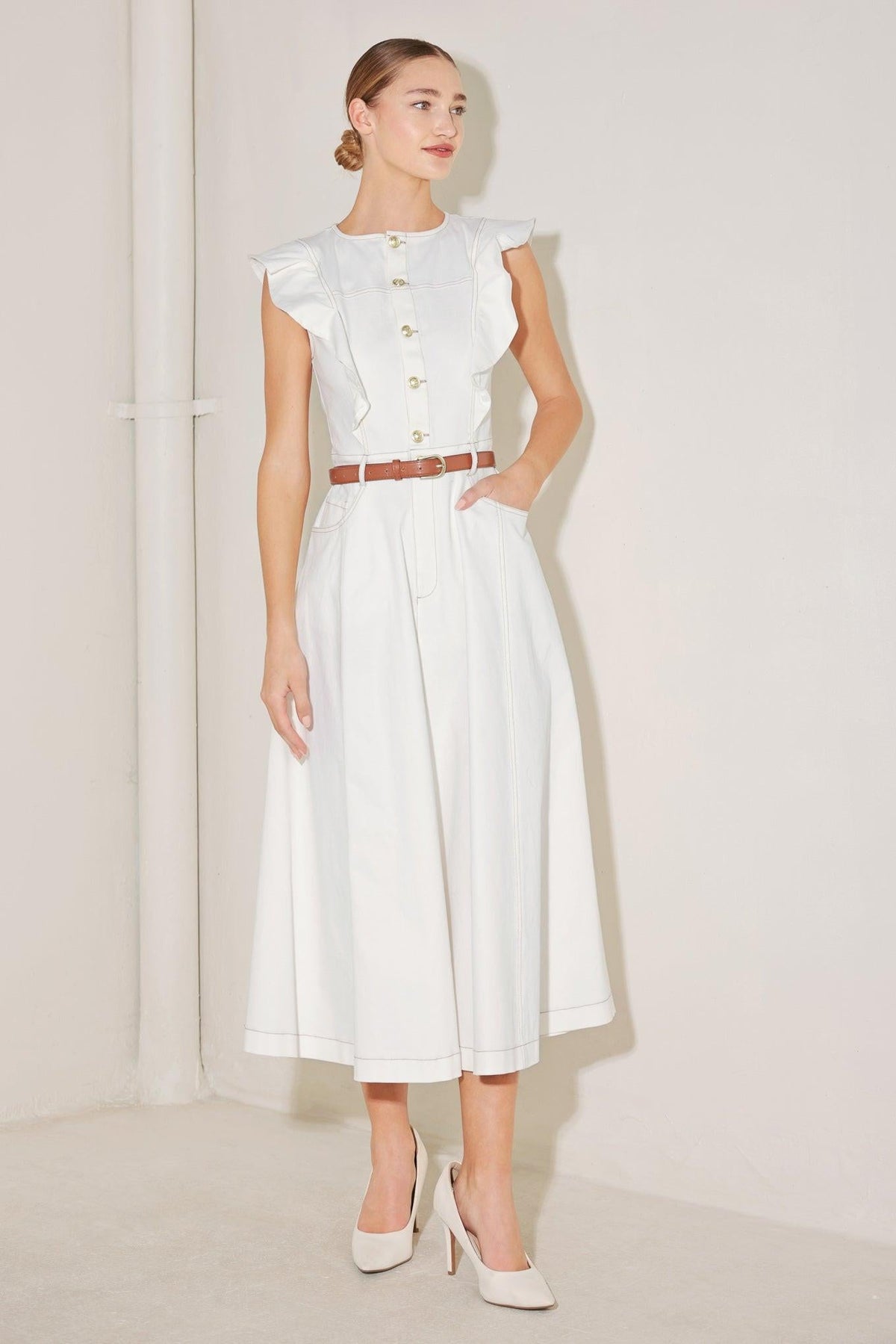SOFT POWER STORY WOVEN MIDI DRESS