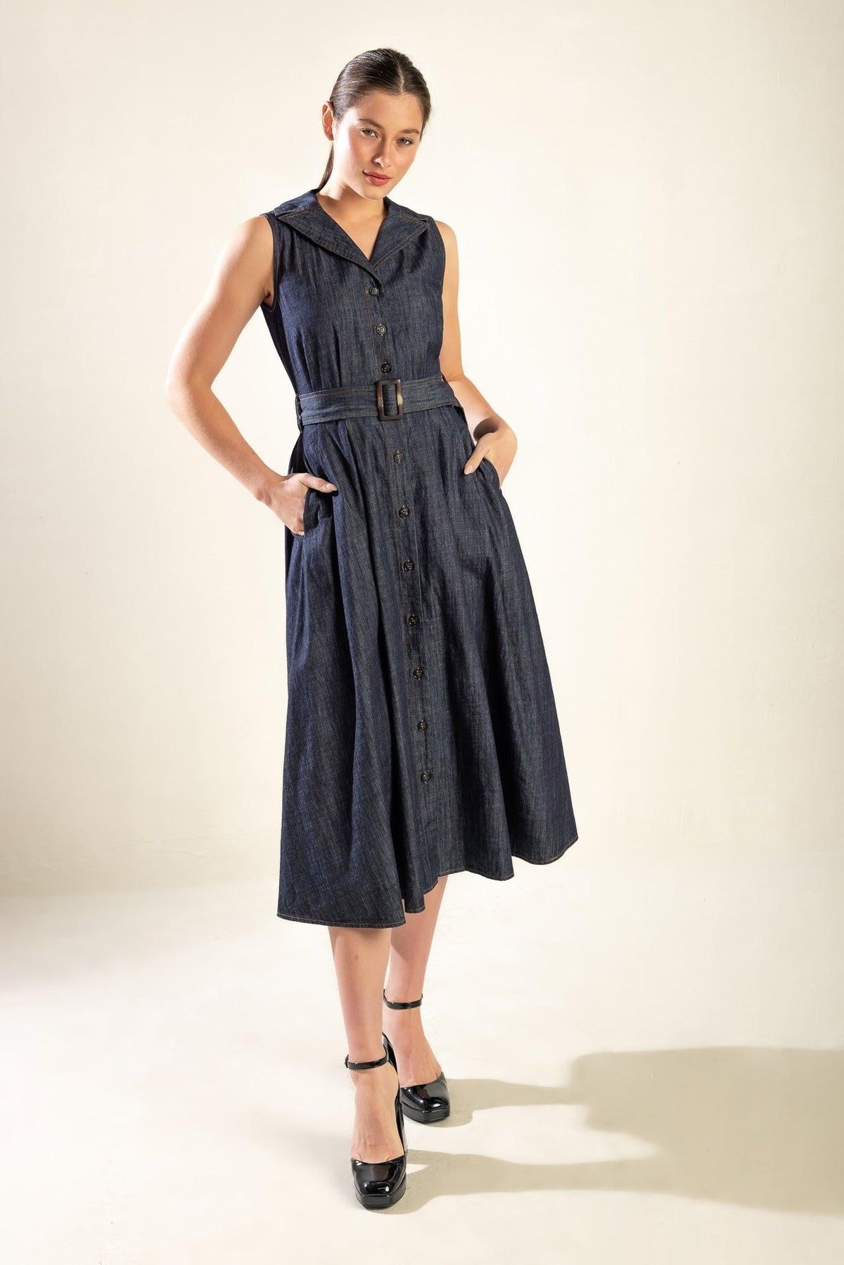 OASIS OF CALM RIGID DENIM MIDI DRESS