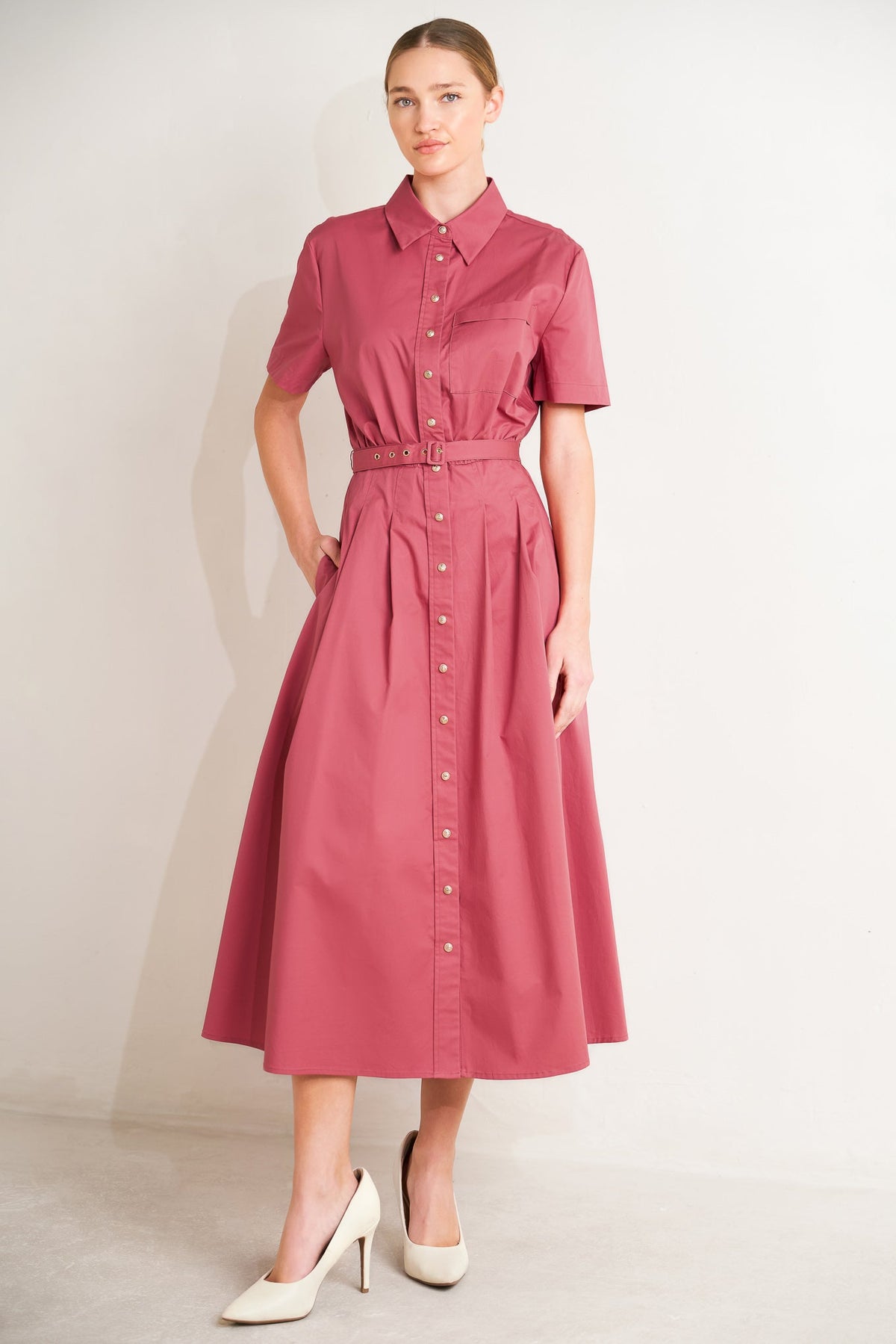 CINCHED COUTURE WOVEN MIDI DRESS