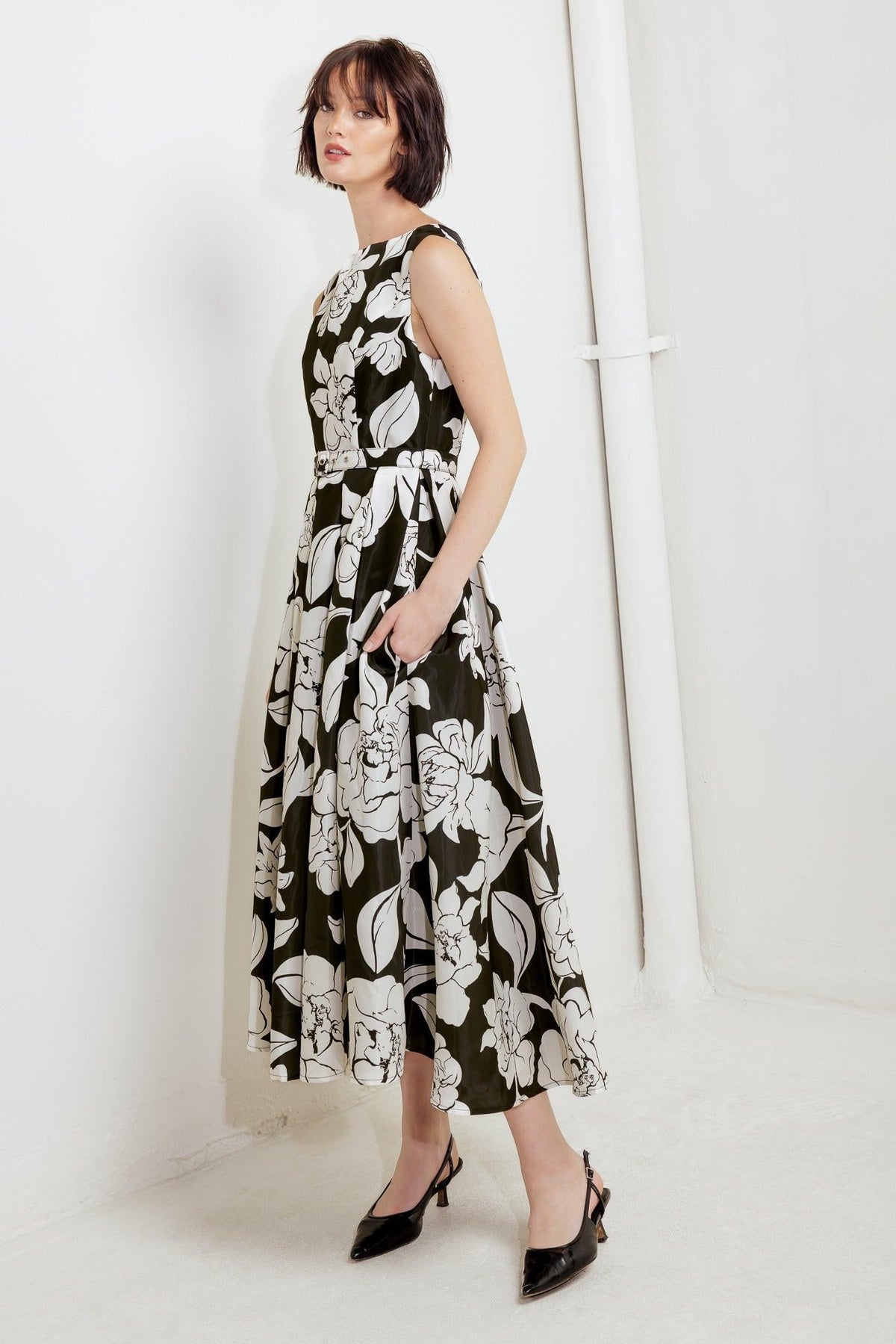 SILENT HEART BLACK WOVEN MIDI DRESS