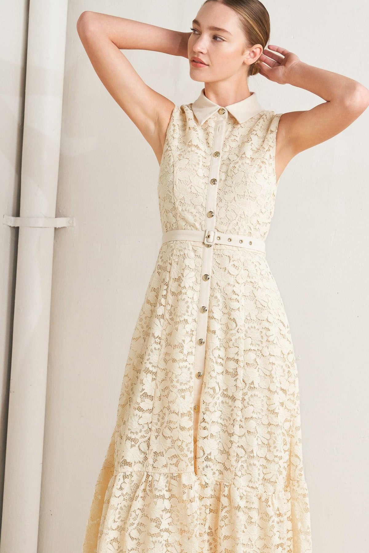 PURELY ROMANTIC WOVEN LACE MIDI DRESS