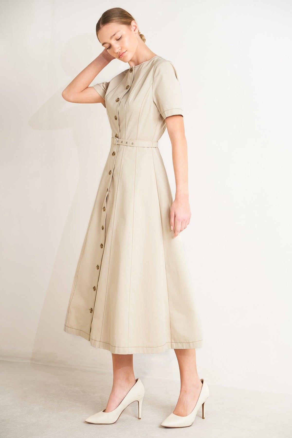 COMMAND THE ROOM WOVEN MIDI DRESS