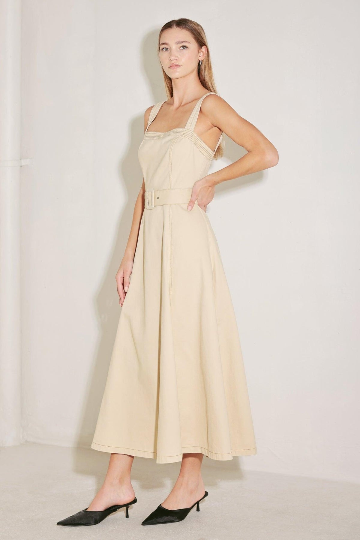 ELEVATED NEUTRAL WOVEN MIDI DRESS
