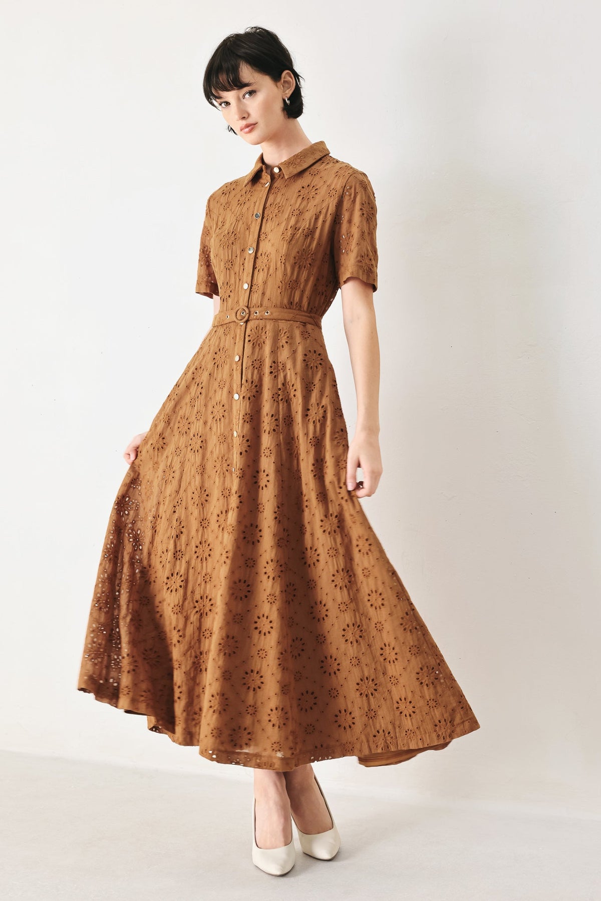 TIMELESS LOVE WOVEN EYELET MIDI DRESS