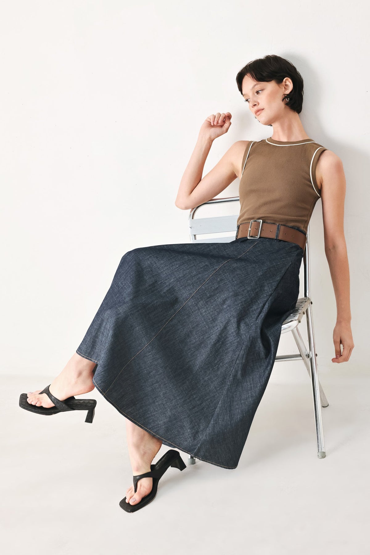 ESPRESSO HOUR DENIM COMBINATION MIDI DRESS