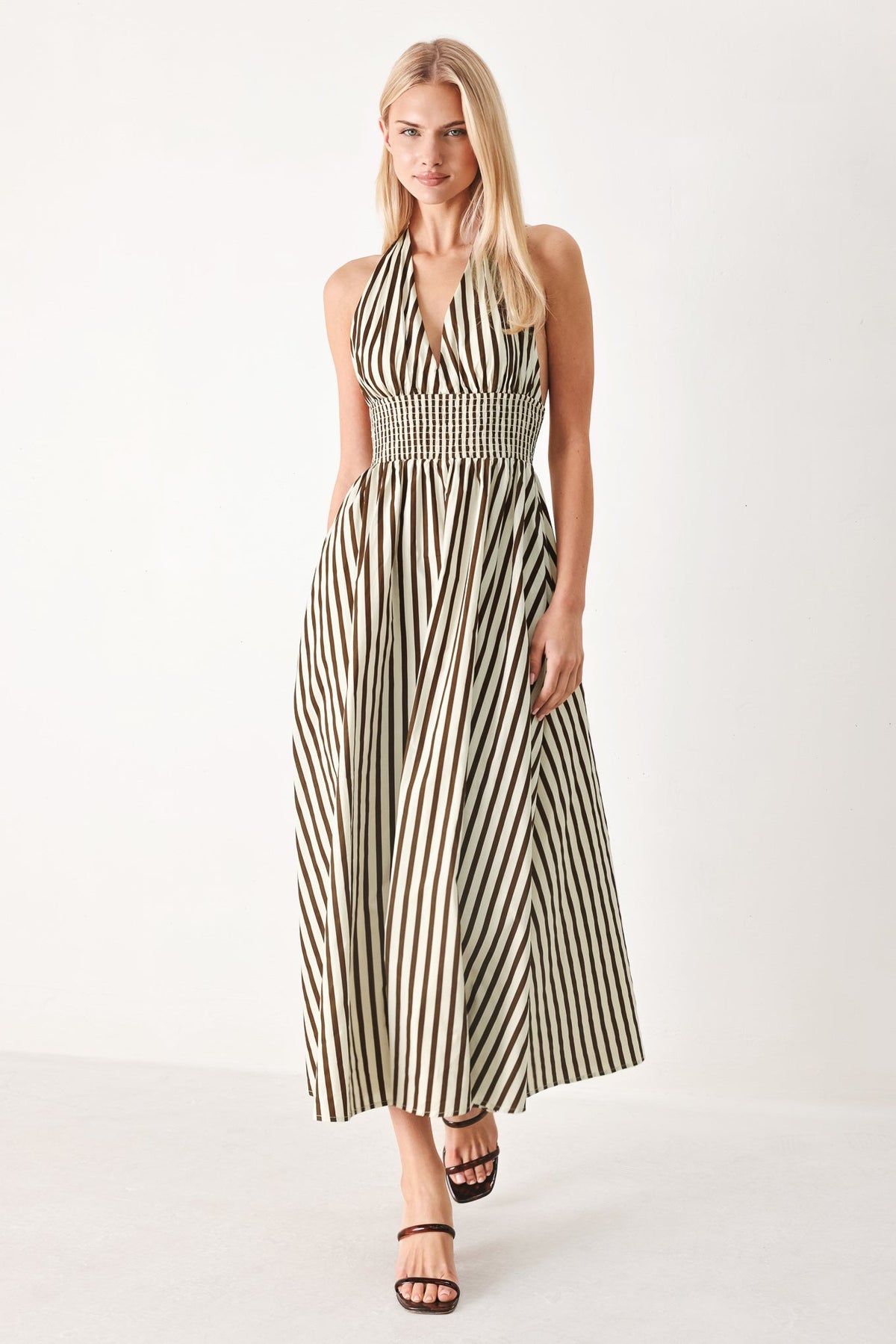 VACATION LINE STRIP WOVEN MIDI DRESS