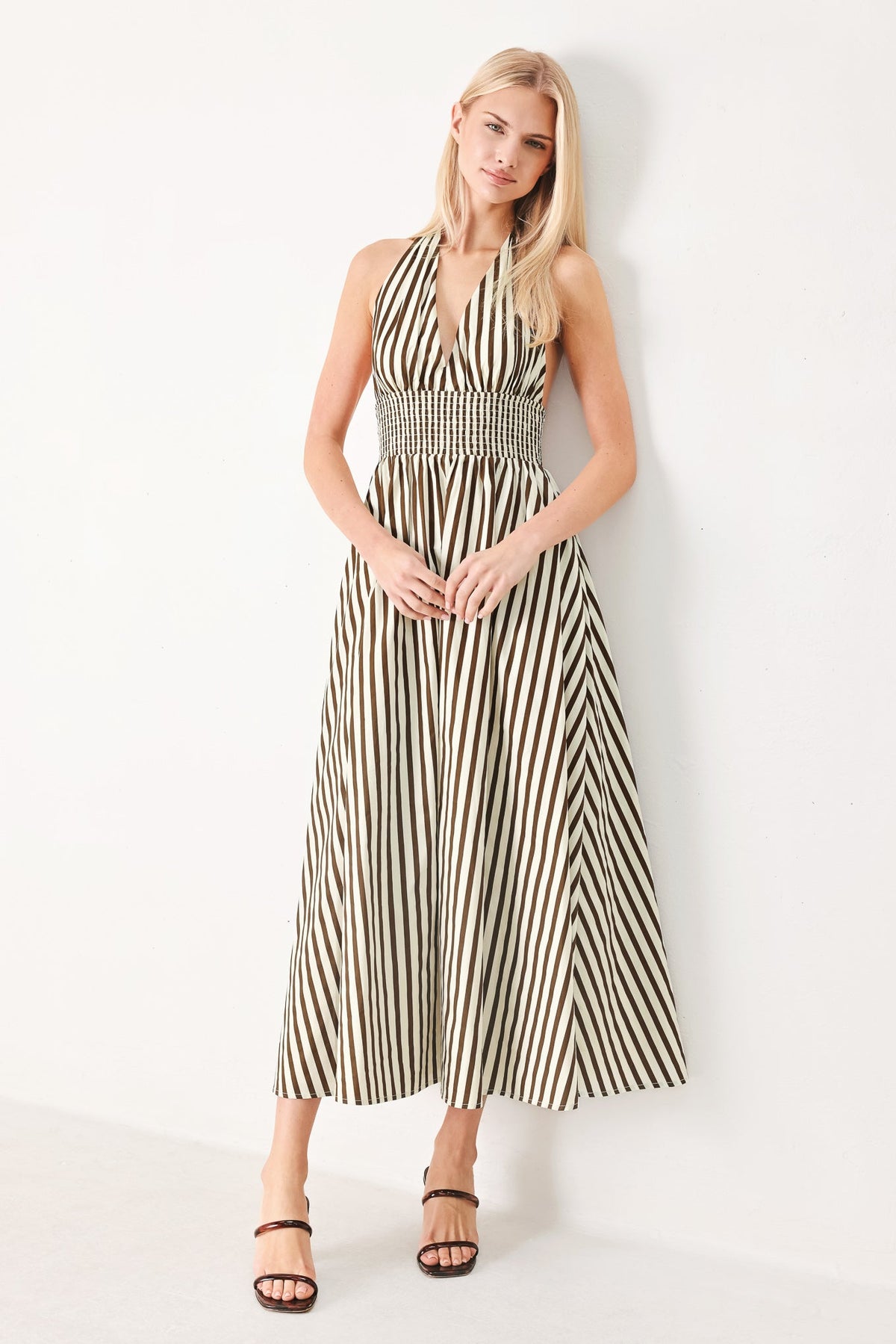 VACATION LINE STRIP WOVEN MIDI DRESS