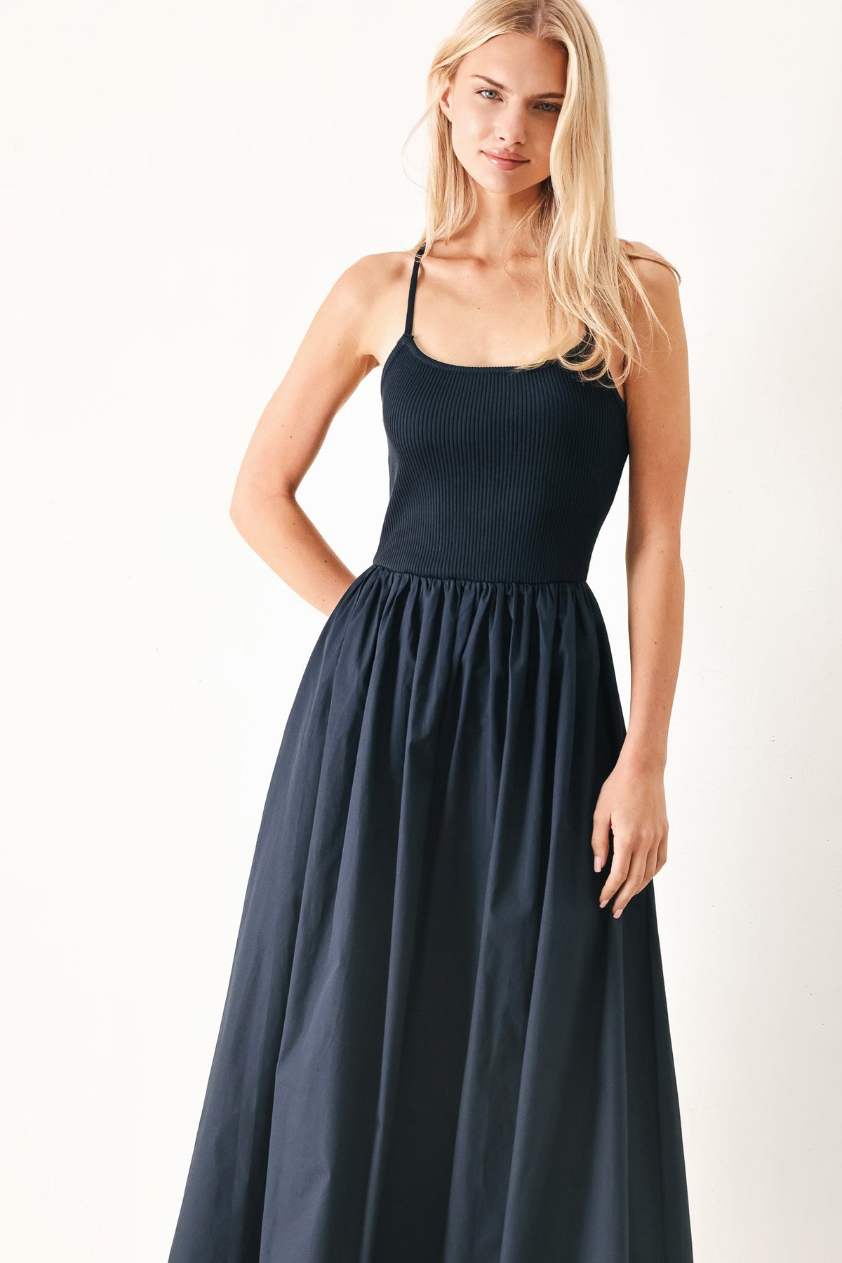 EASY BREEZE NAVY WOVEN MIDI DRESS