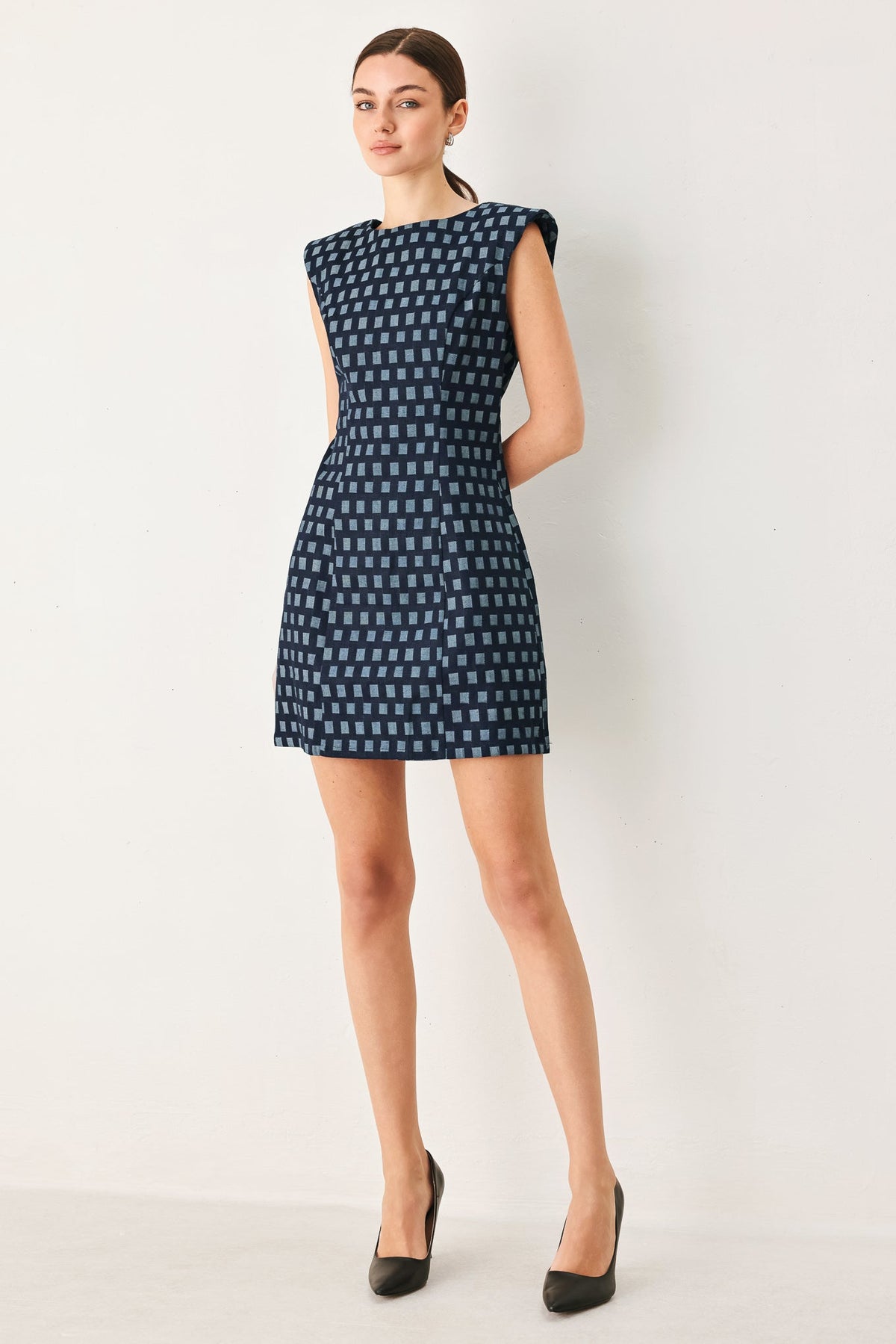 COOL GIRL CHECK JACQUARD DENIM MINI DRESS