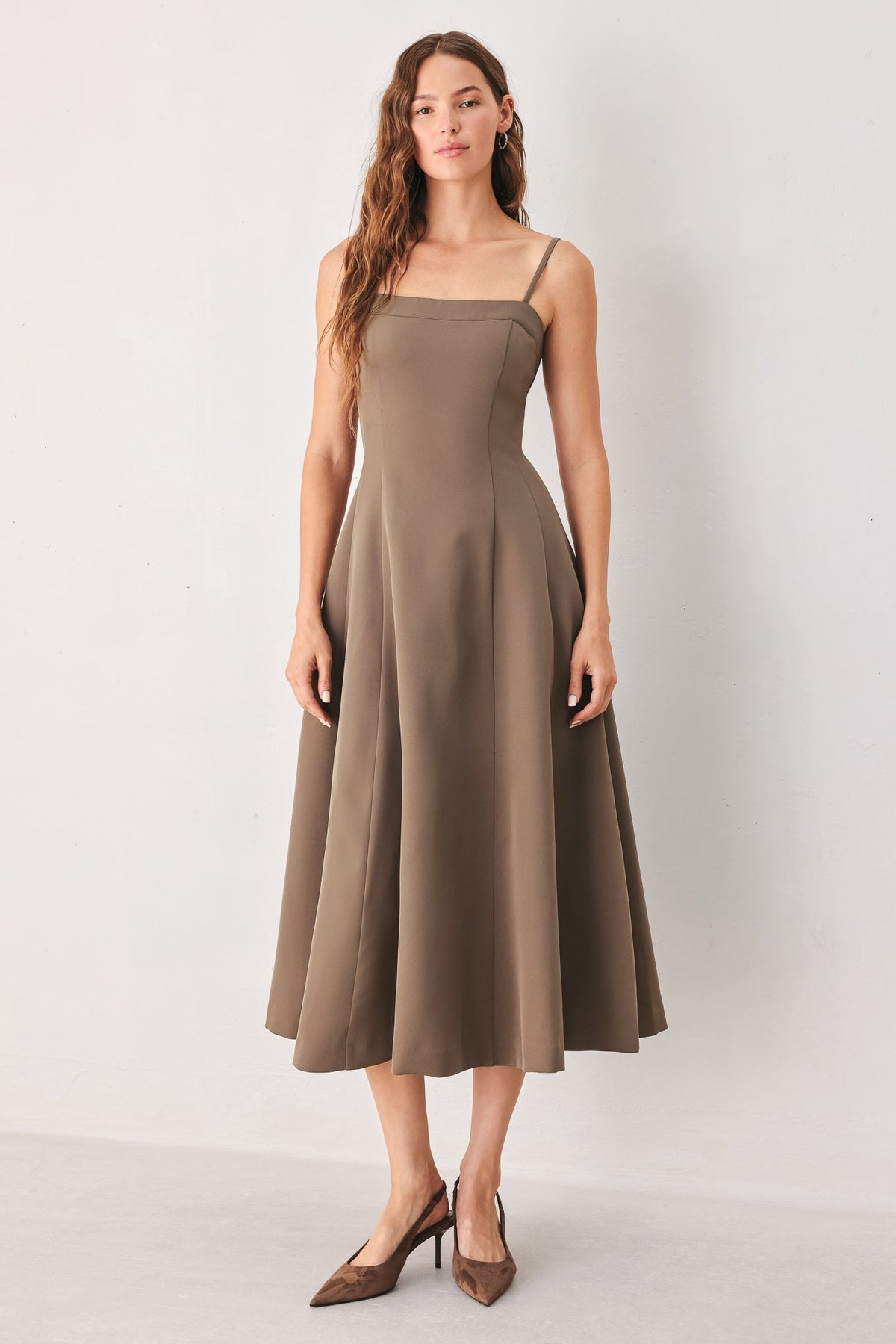 COFFEE BEAN SWING WOVEN MIDI DRESS