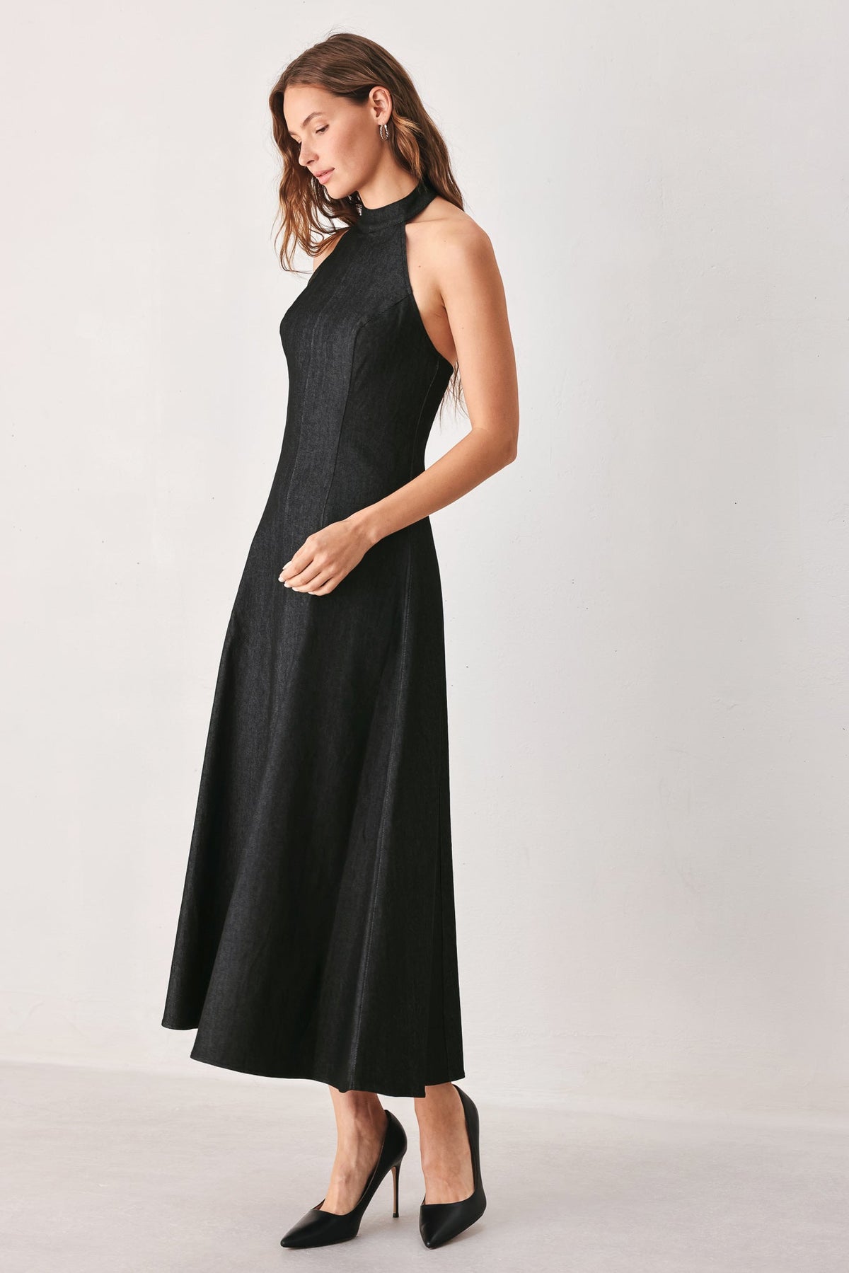 AFTER DARK HALTER DENIM MIDI DRESS