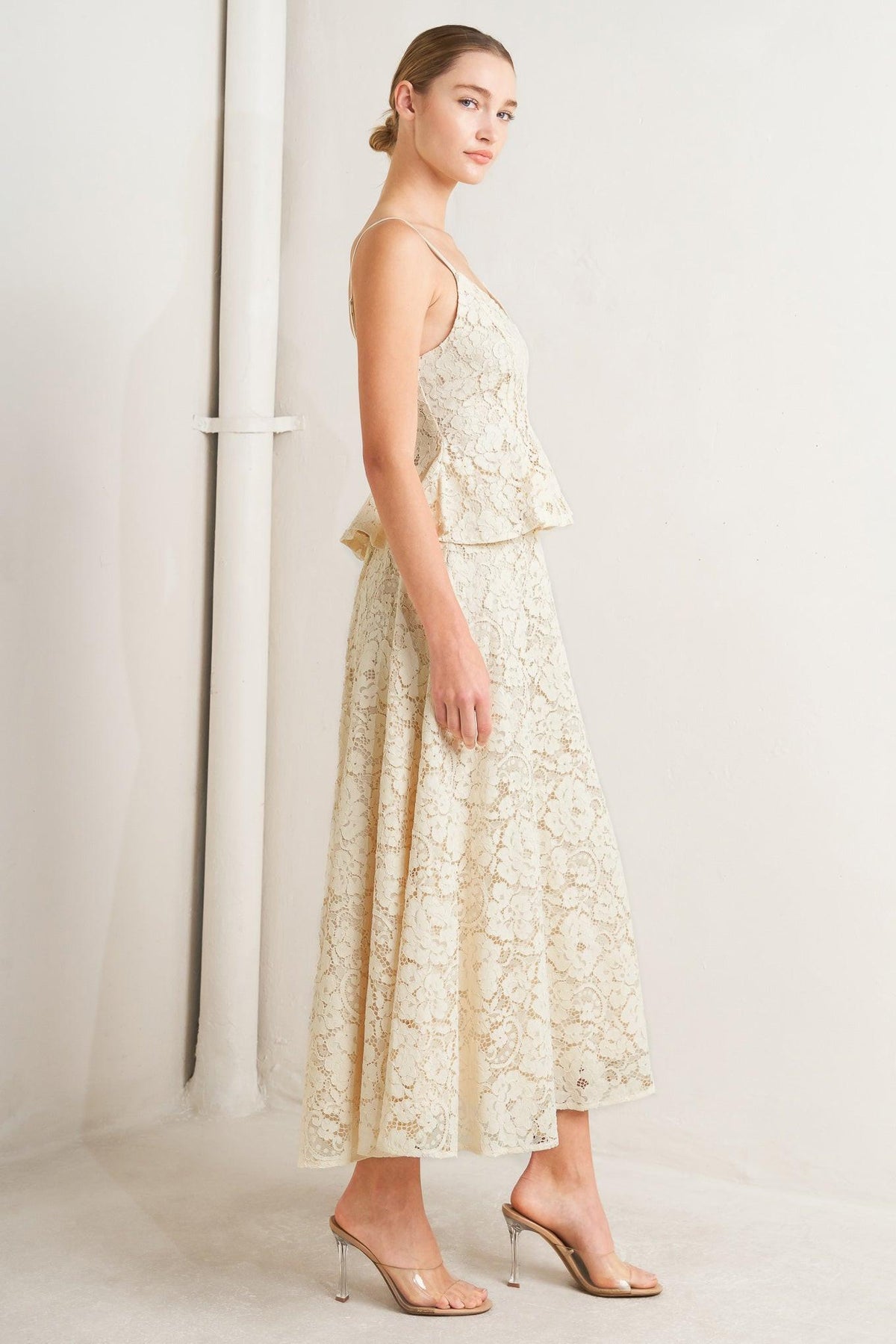 PURELY ROMANTIC WOVEN LACE MIDI SKIRT