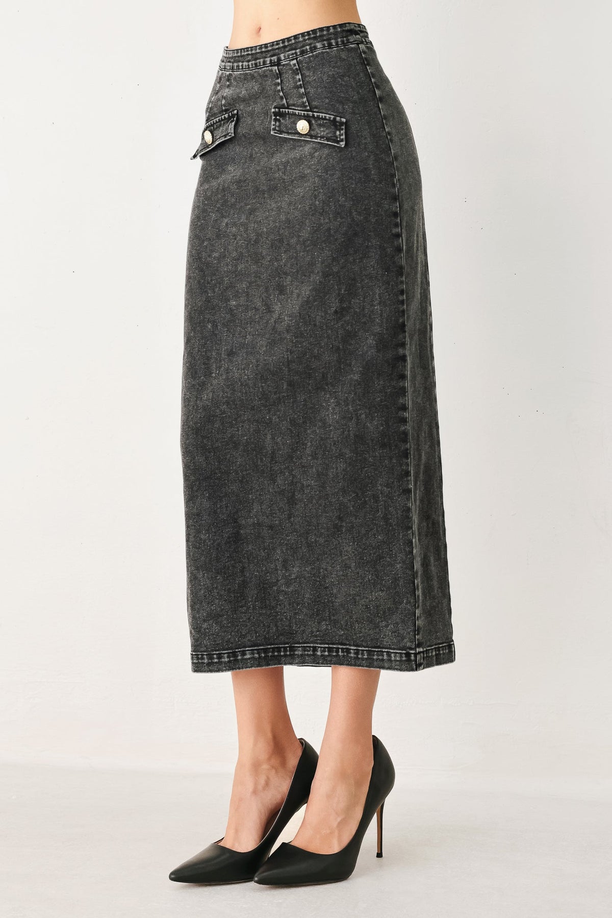 STONEWASHED DENIM MIDI PENCIL SKIRT