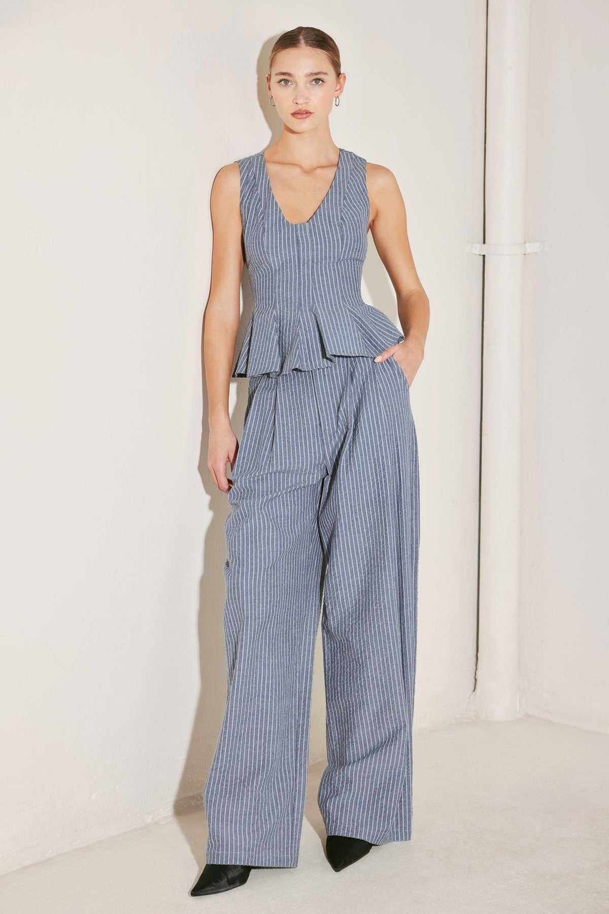 MARINA PINSTRIPE WOVEN TOP