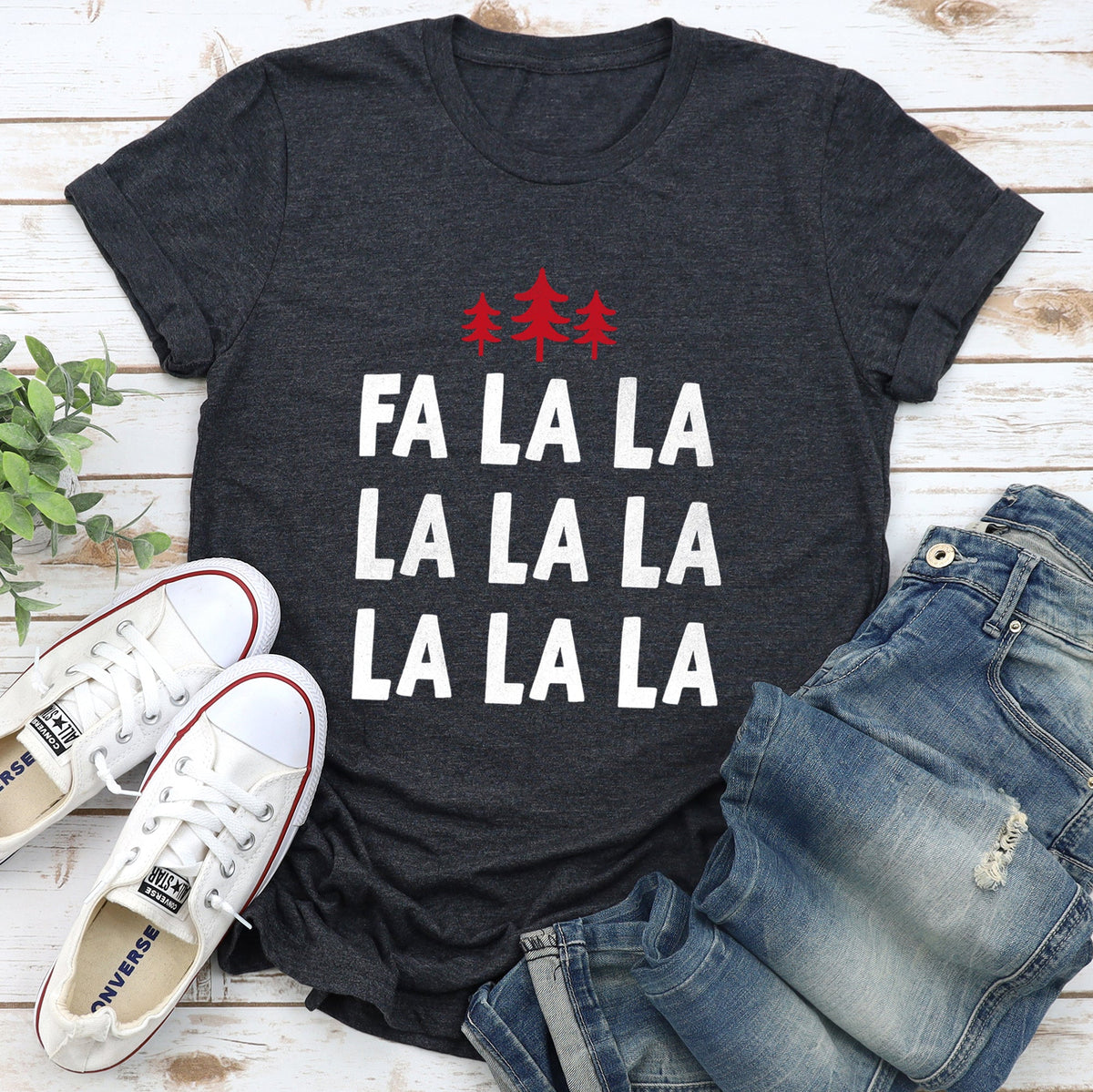 Fa La La Retro Christmas Trees Vintage Holiday Scene With Nordic Pines And Snowflake Motifs Graphic Tee