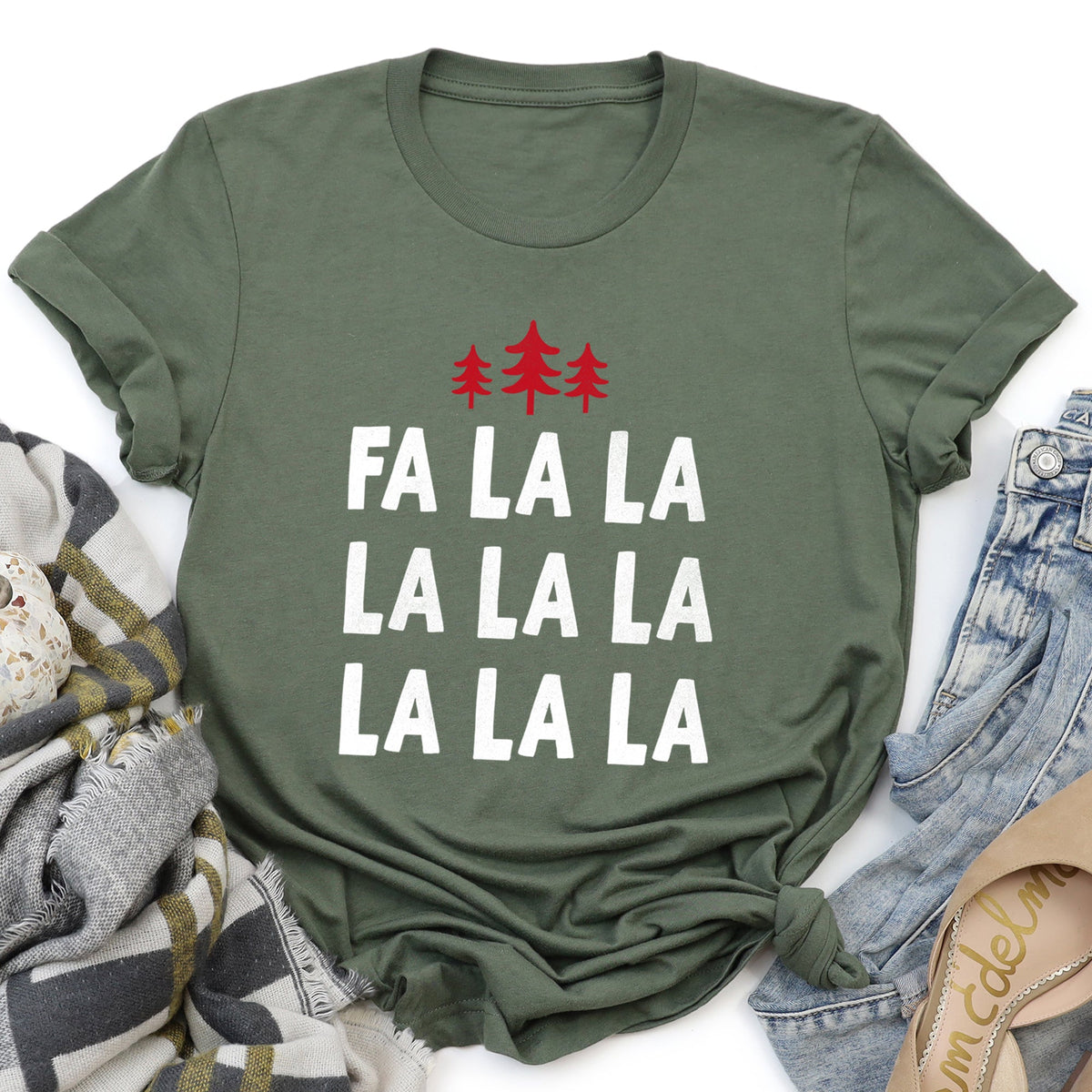 Fa La La Retro Christmas Trees Vintage Holiday Scene With Nordic Pines And Snowflake Motifs Graphic Tee