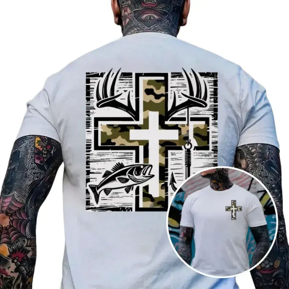 Faithful Outdoorsmen T-Shirt - Southern-Style Fishing & Hunting Tee, Camo Cross & Bass Apparel