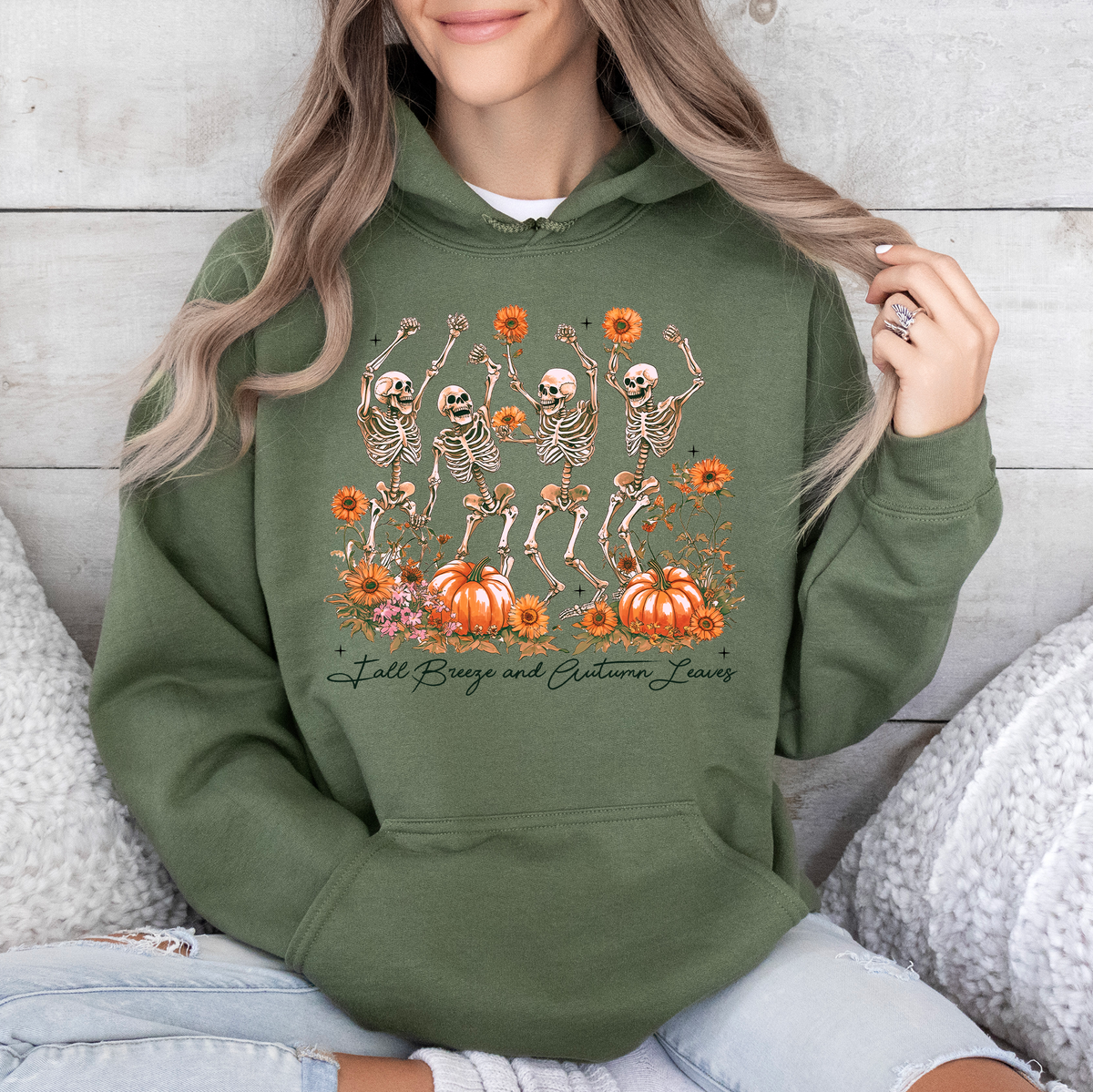 Fall Breeze And Autumn Leaves Skeletons Pumpkin Spice Autumn Skeleton Dancing Skeletons Graphic Hoodie
