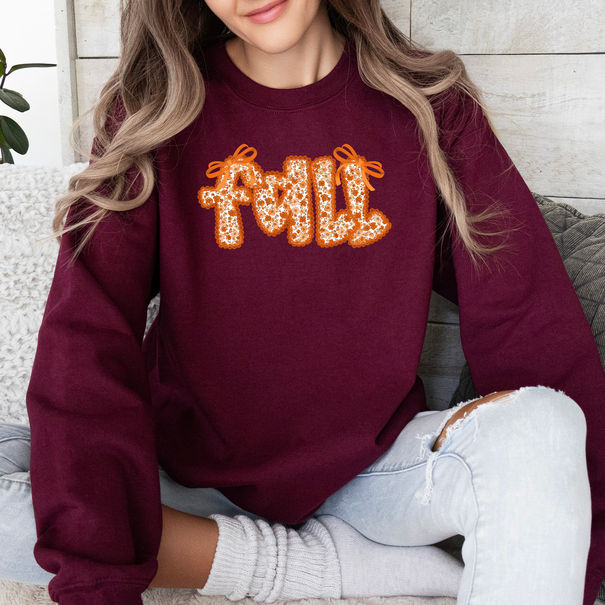 Fall Beautiful Bows Ribbons Colorful Autumn Coquette Cozy Velvet Ribbon Detailing Sweatshirt